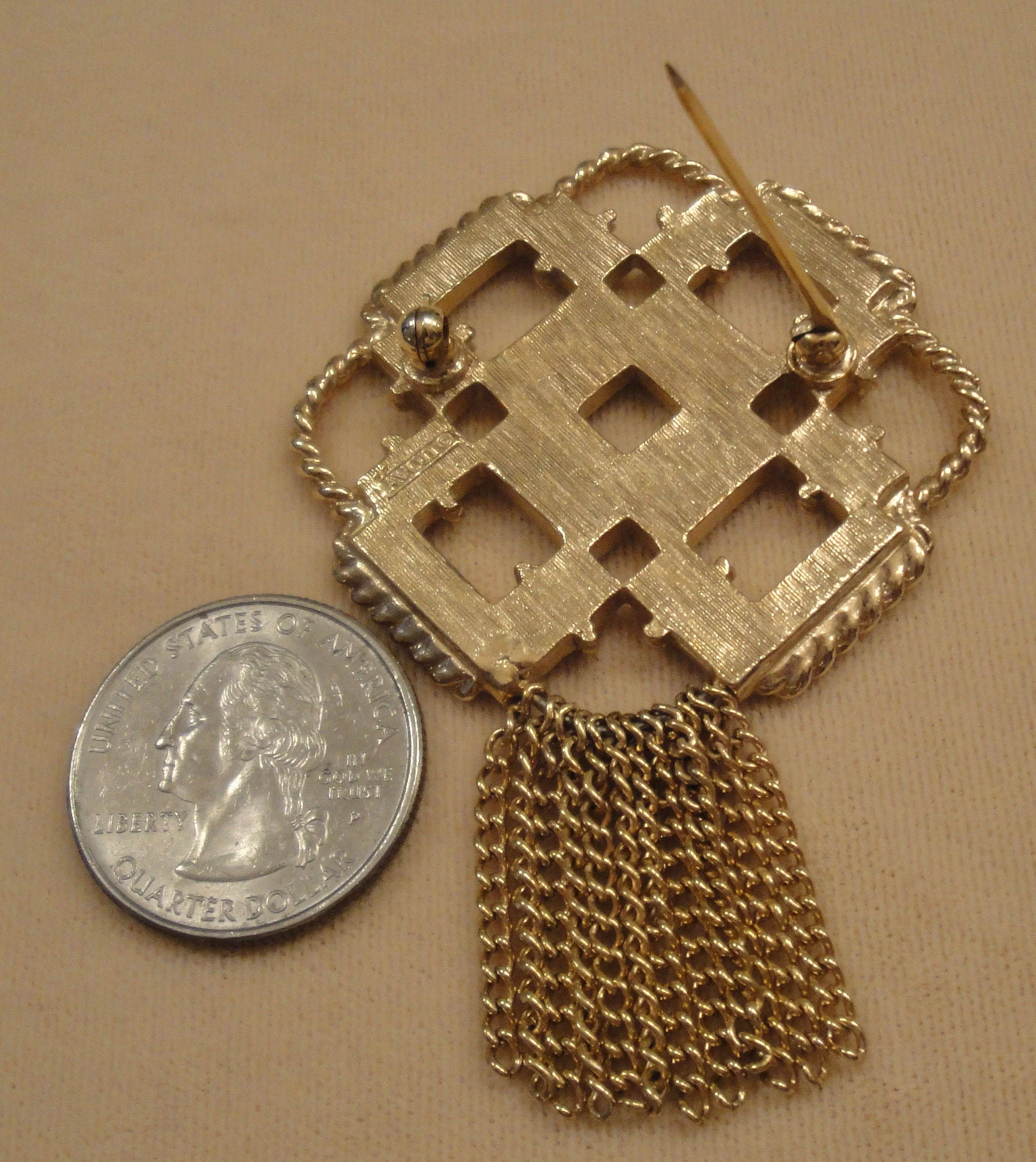 Brooch Creamy White Enamel with Rope Like Gold Tone Trim and Tassels 70s 1 and 3/4 by 1 and 3/4 Inches Plus 1 Inch Center Tassels by Avon - Image 9