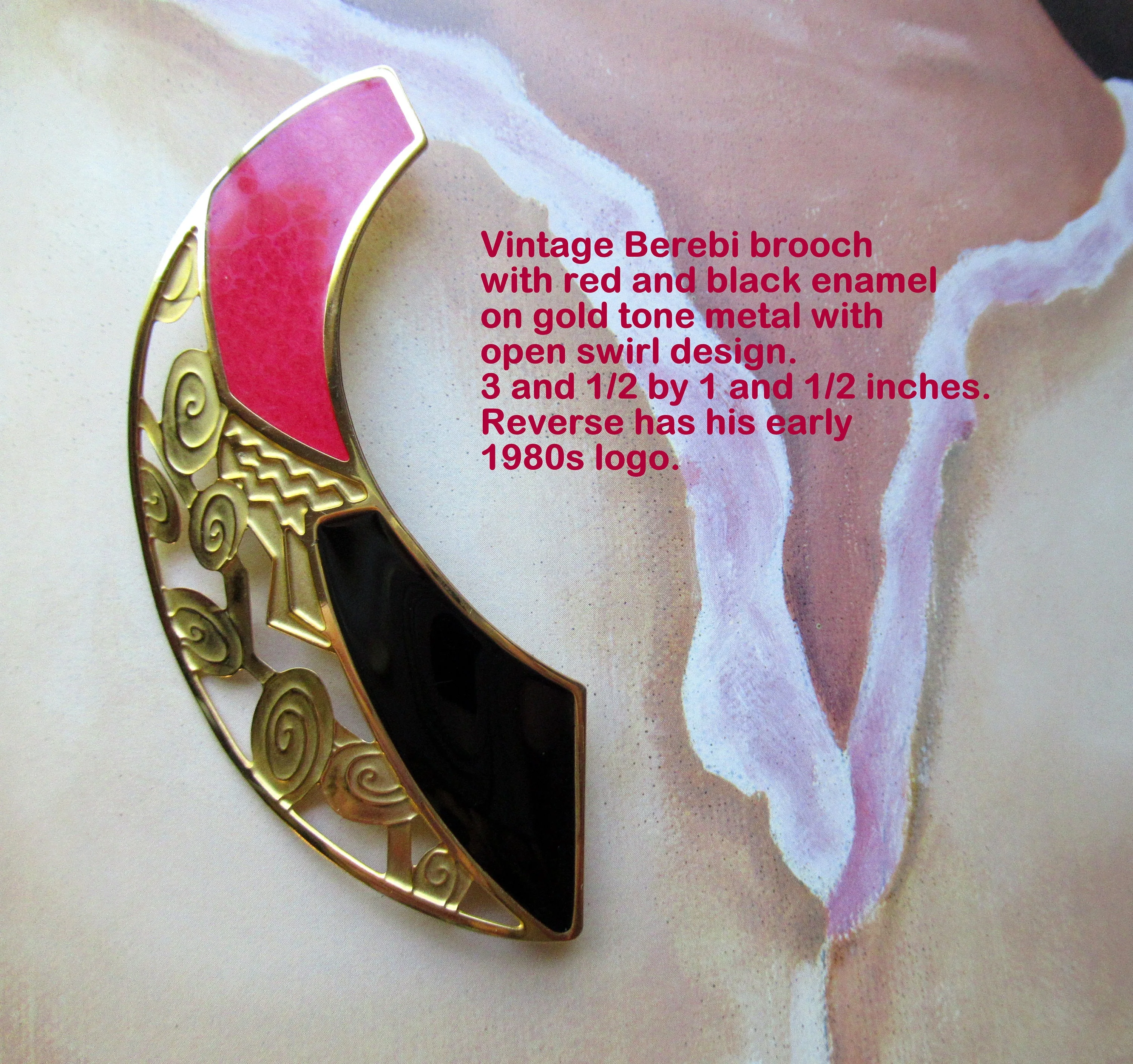 Brooch Red and Black Enamel On Gold Tone Metal with Swirl Design Early 80s Logo and Design Lightweight Unique Designer Vintage by Berebi - Image 2