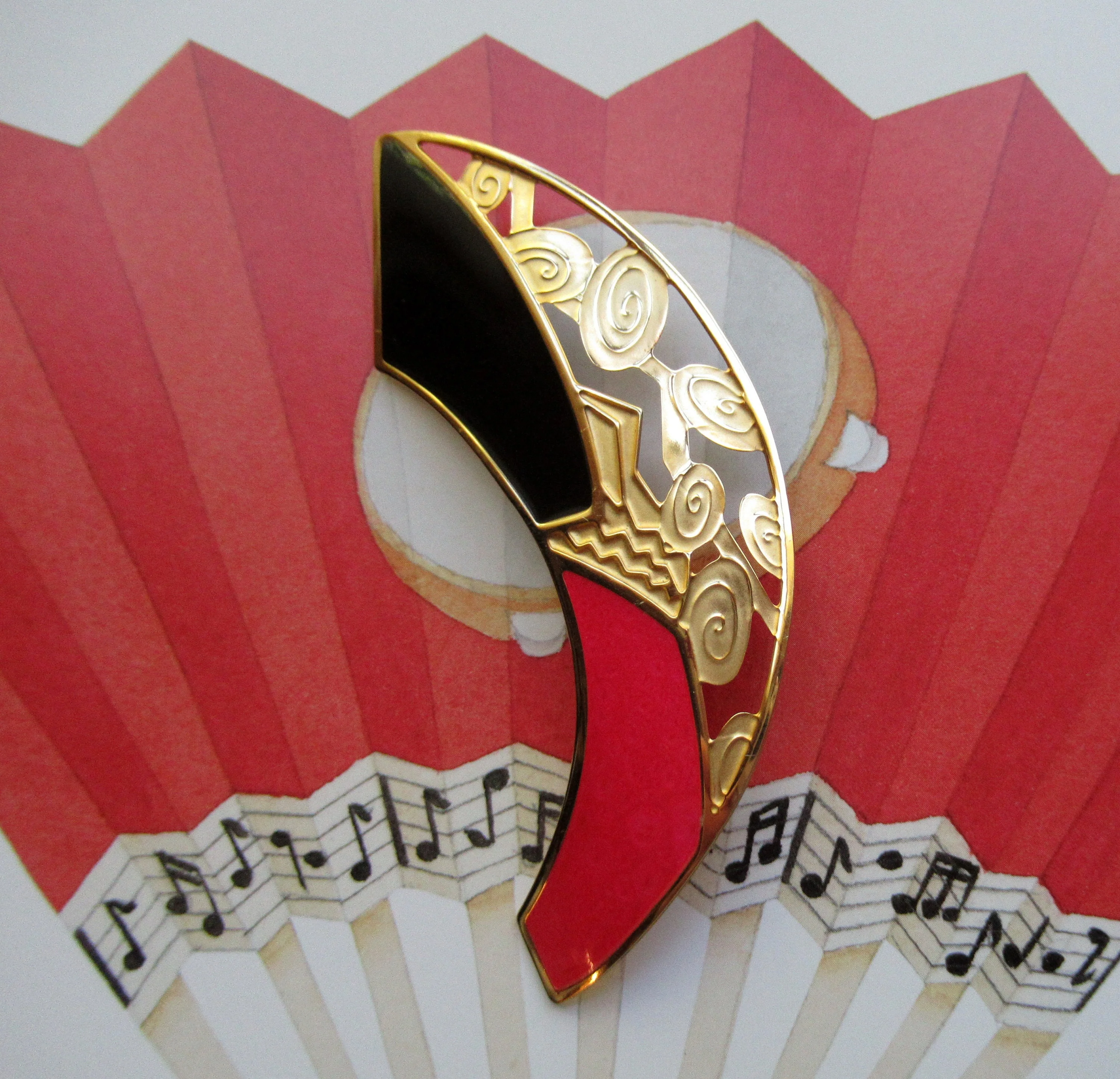 Brooch Red and Black Enamel On Gold Tone Metal with Swirl Design Early 80s Logo and Design Lightweight Unique Designer Vintage by Berebi - Image 3