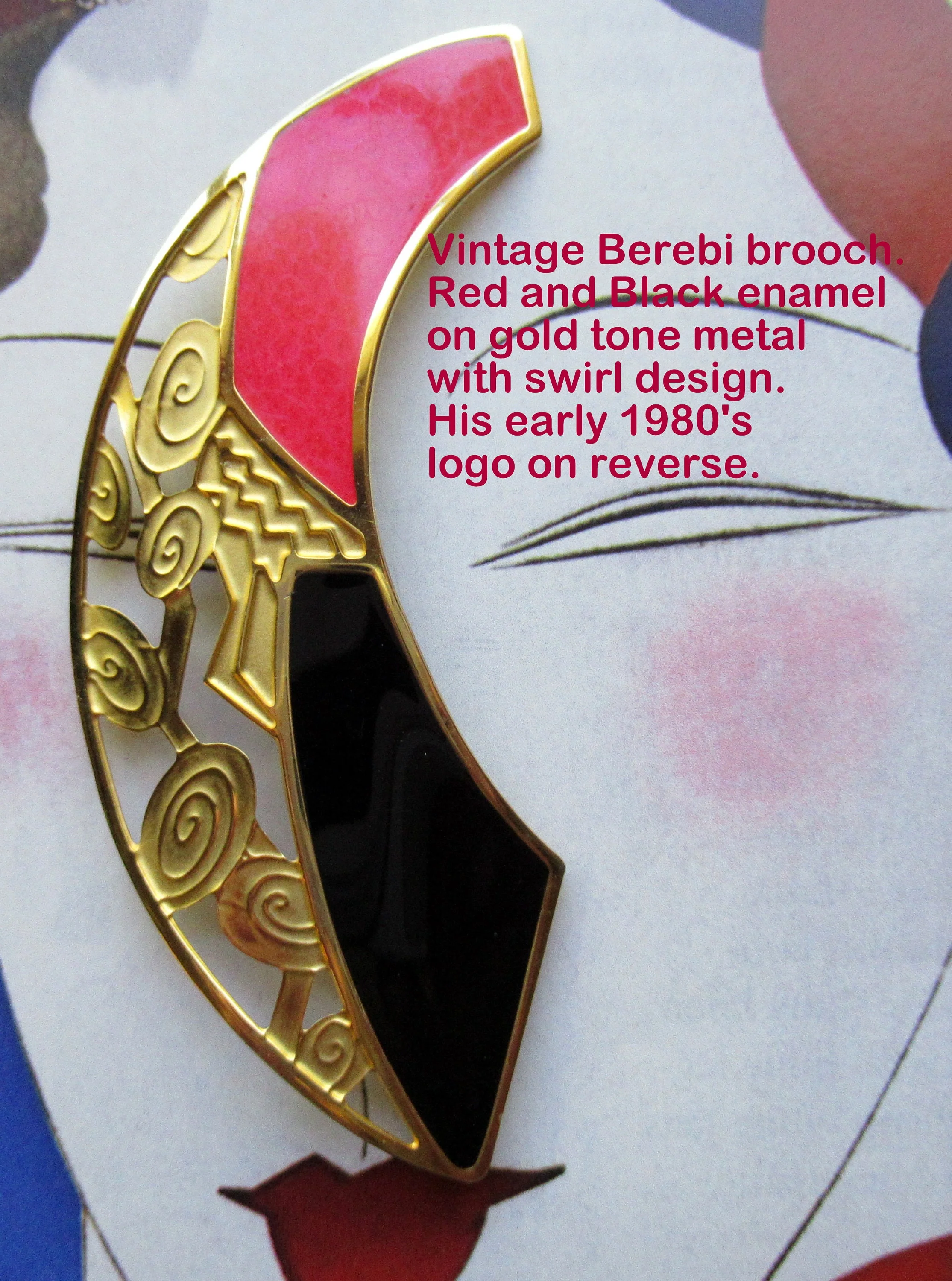 Brooch Red and Black Enamel On Gold Tone Metal with Swirl Design Early 80s Logo and Design Lightweight Unique Designer Vintage by Berebi - Image 5