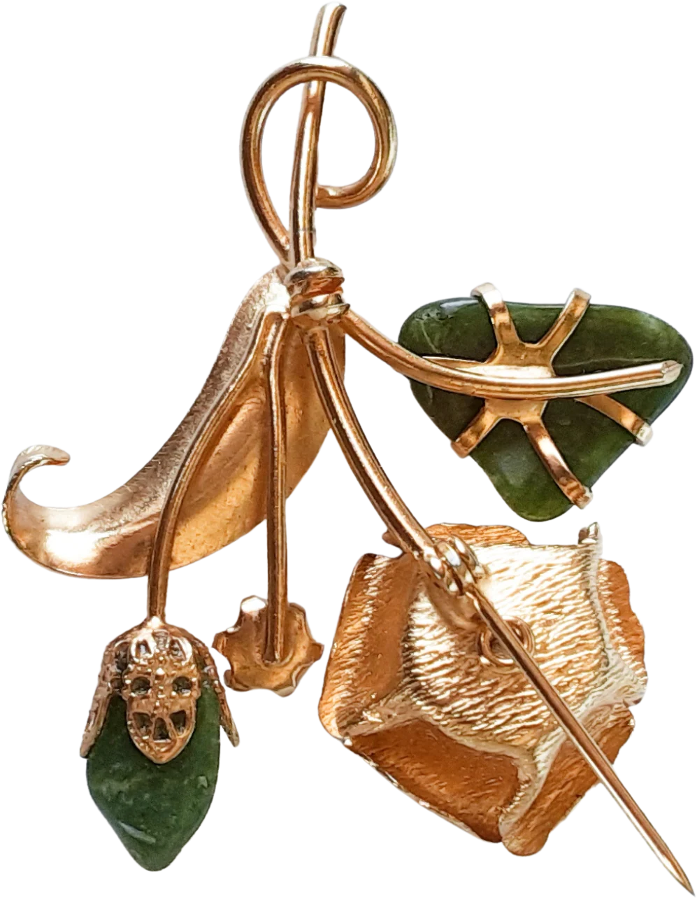 Brooch Rose Goldtone Green Stones - Image 2