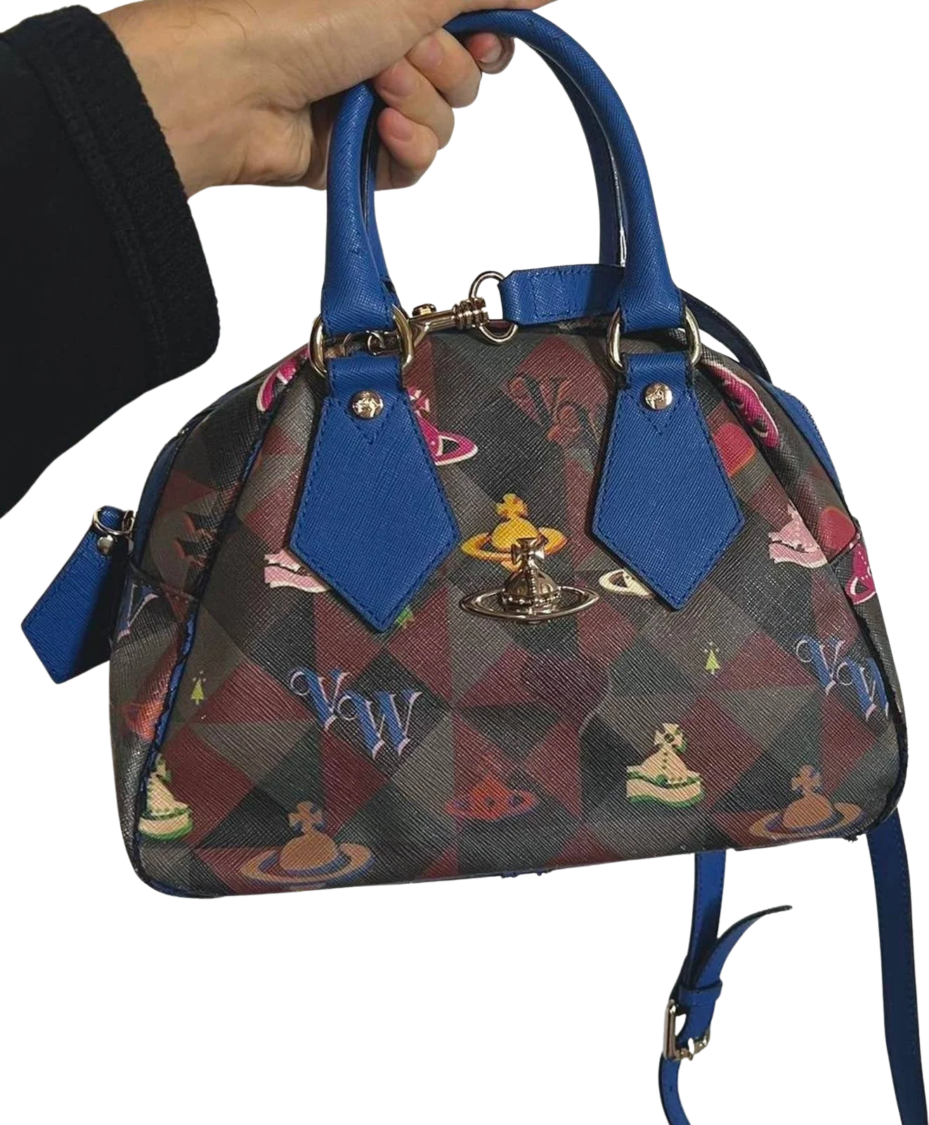 Brown and Blue Orb Logo Print and Plaque Crossbody Shoulder Bag by Vivienne Westwood
