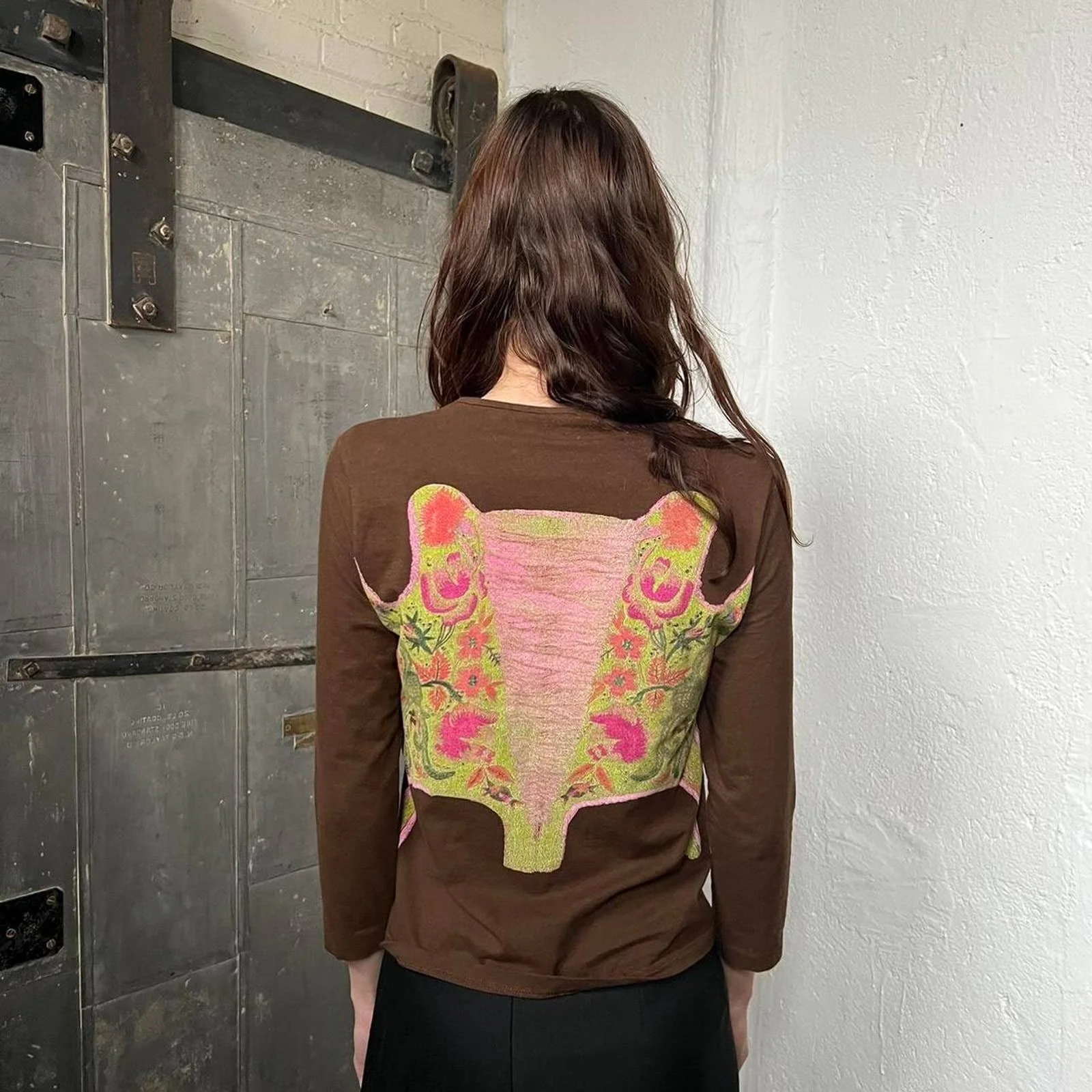 Brown and Multicolor Laced Corset Illusion Long Sleeve Top by Christian Lacroix - Image 2