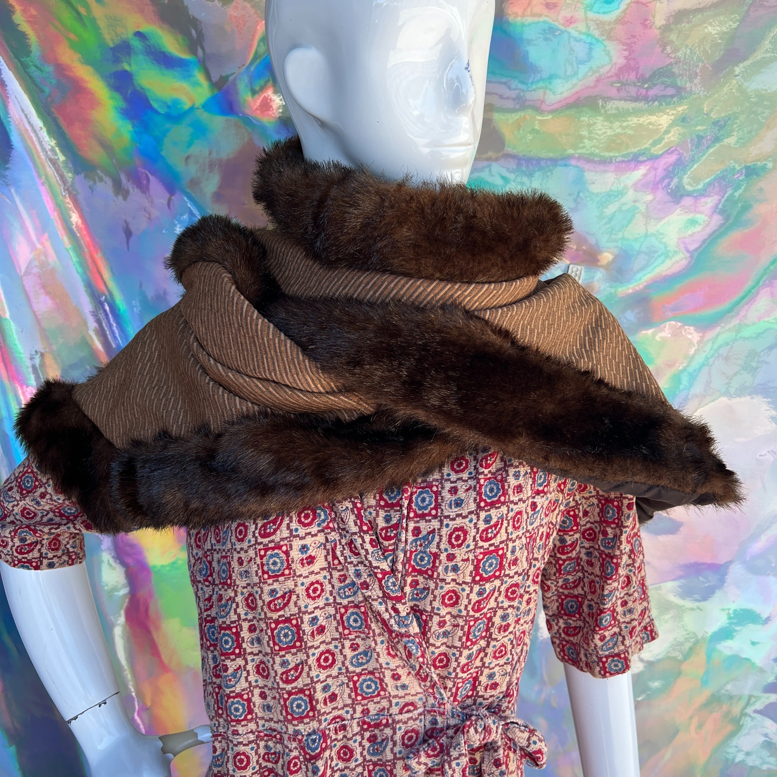 Brown Faux Fur Trimmed Scarf - Image 3