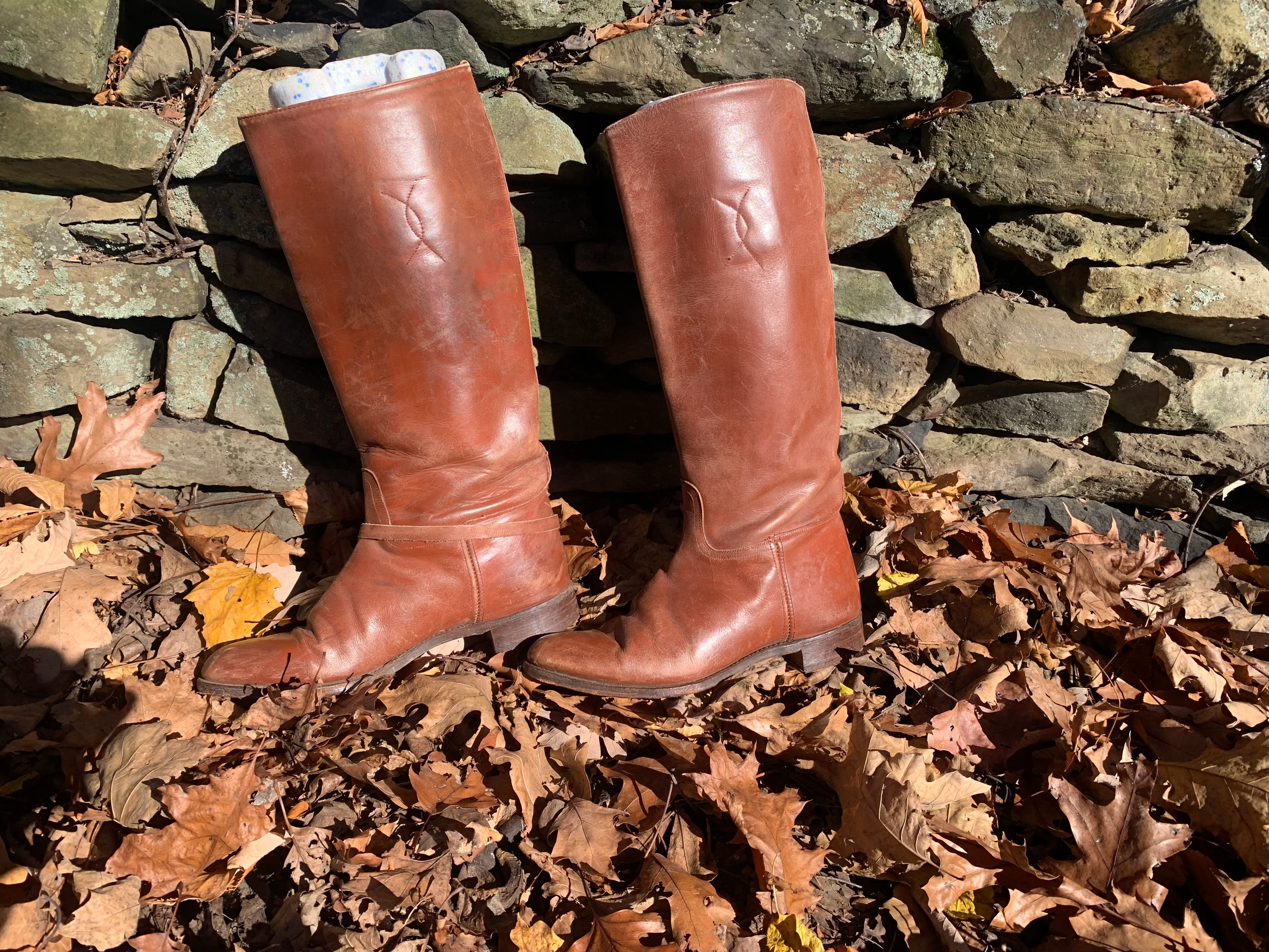 Brown Leather Pull On Riding Boots Wood Stack Heel - Image 6