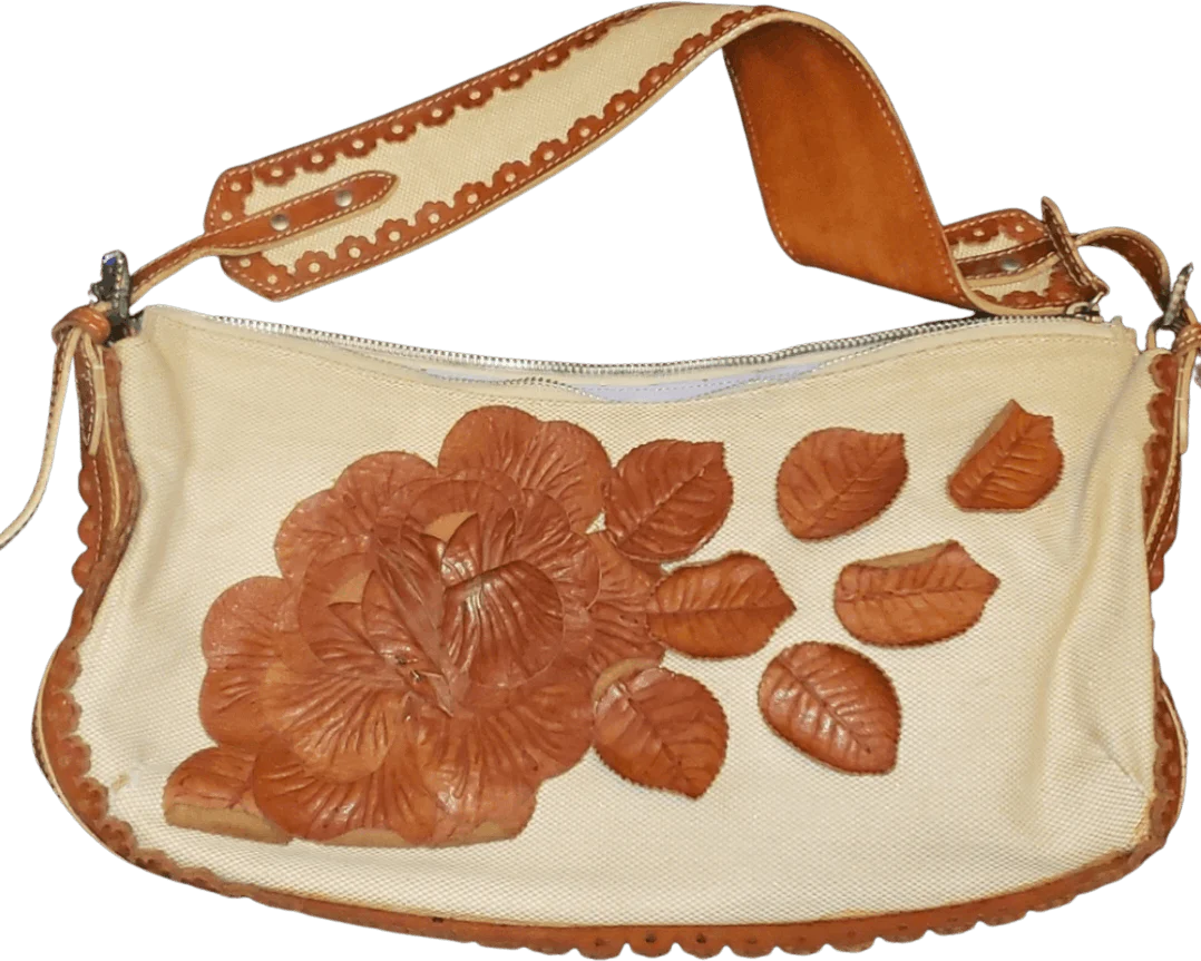 Brown Leather Rose Canvas Shoulder Bag by Valentino Garavani