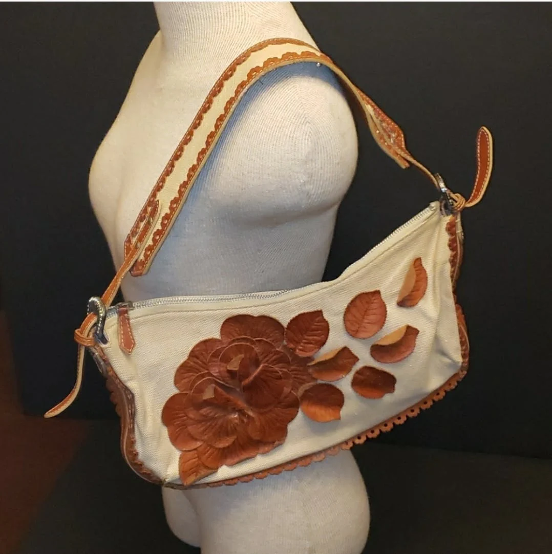 Brown Leather Rose Canvas Shoulder Bag by Valentino Garavani - Image 3
