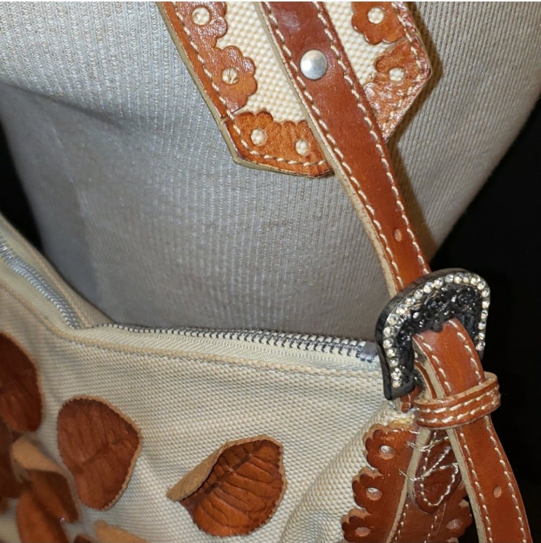 Brown Leather Rose Canvas Shoulder Bag by Valentino Garavani - Image 6