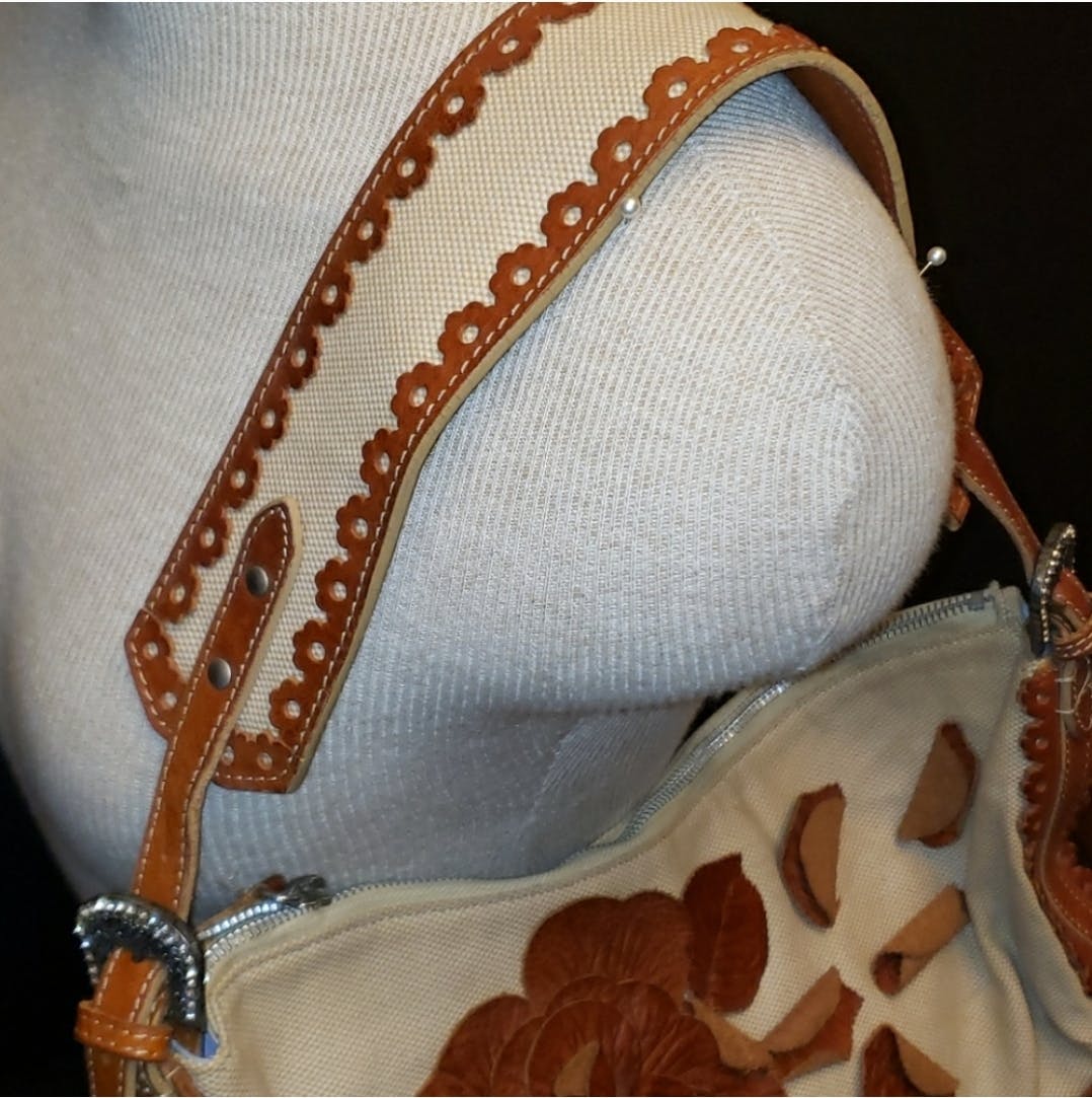 Brown Leather Rose Canvas Shoulder Bag by Valentino Garavani - Image 7