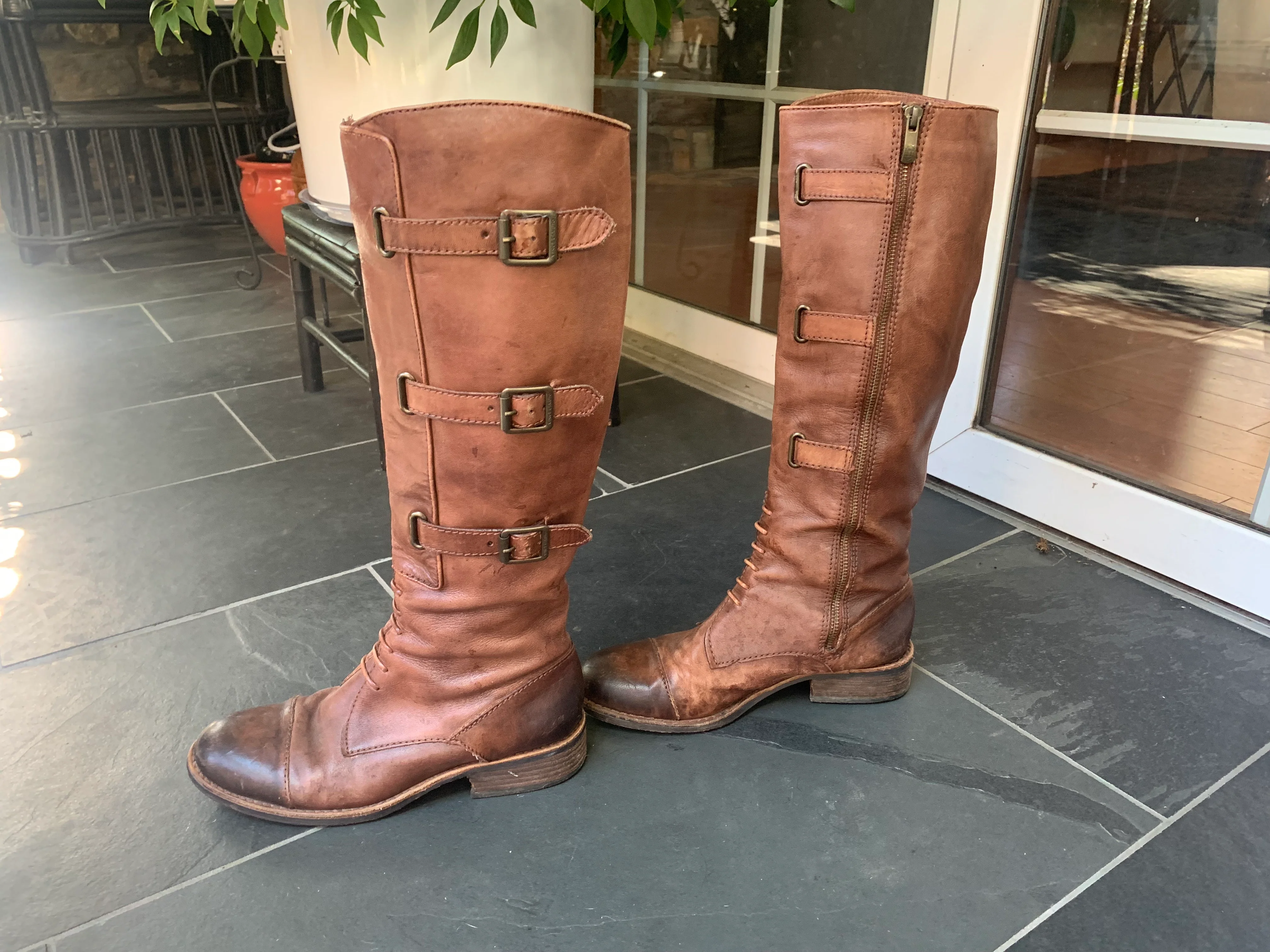 Brown Leather Zipper Boots With Side Buckles By Vince Camuto - Image 4
