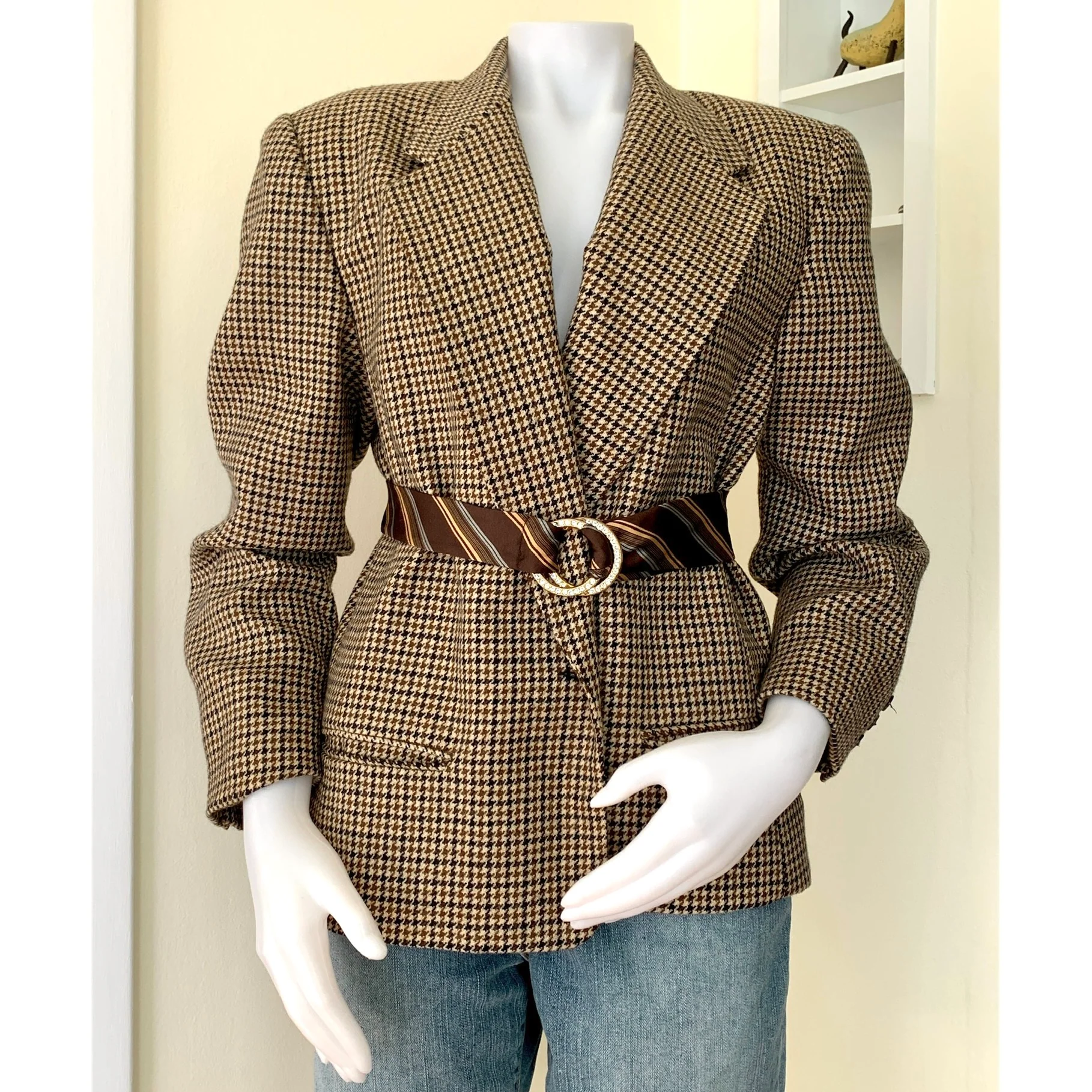 Brown Tan Black Houndstooth Wool Blazer By Rafaella - Image 3