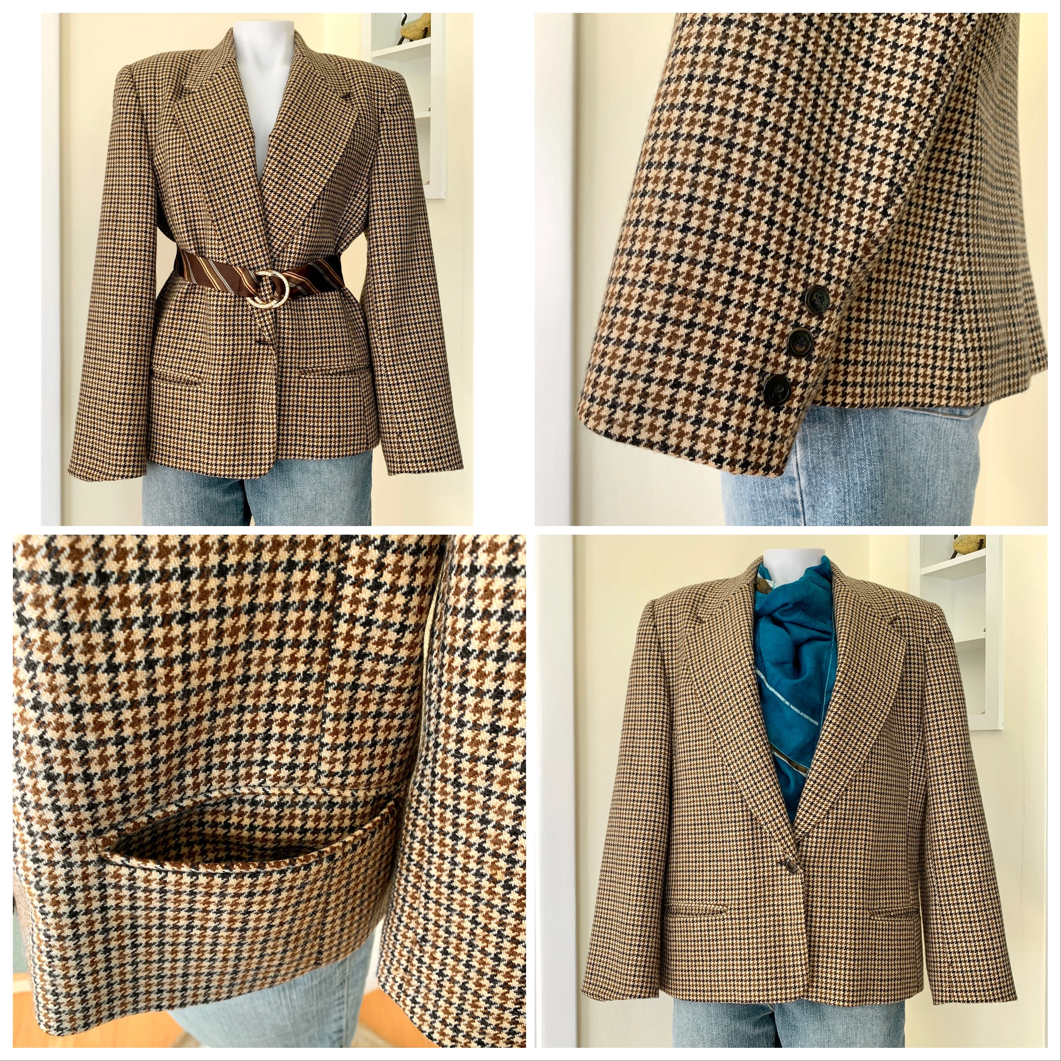 Brown Tan Black Houndstooth Wool Blazer By Rafaella - Image 5