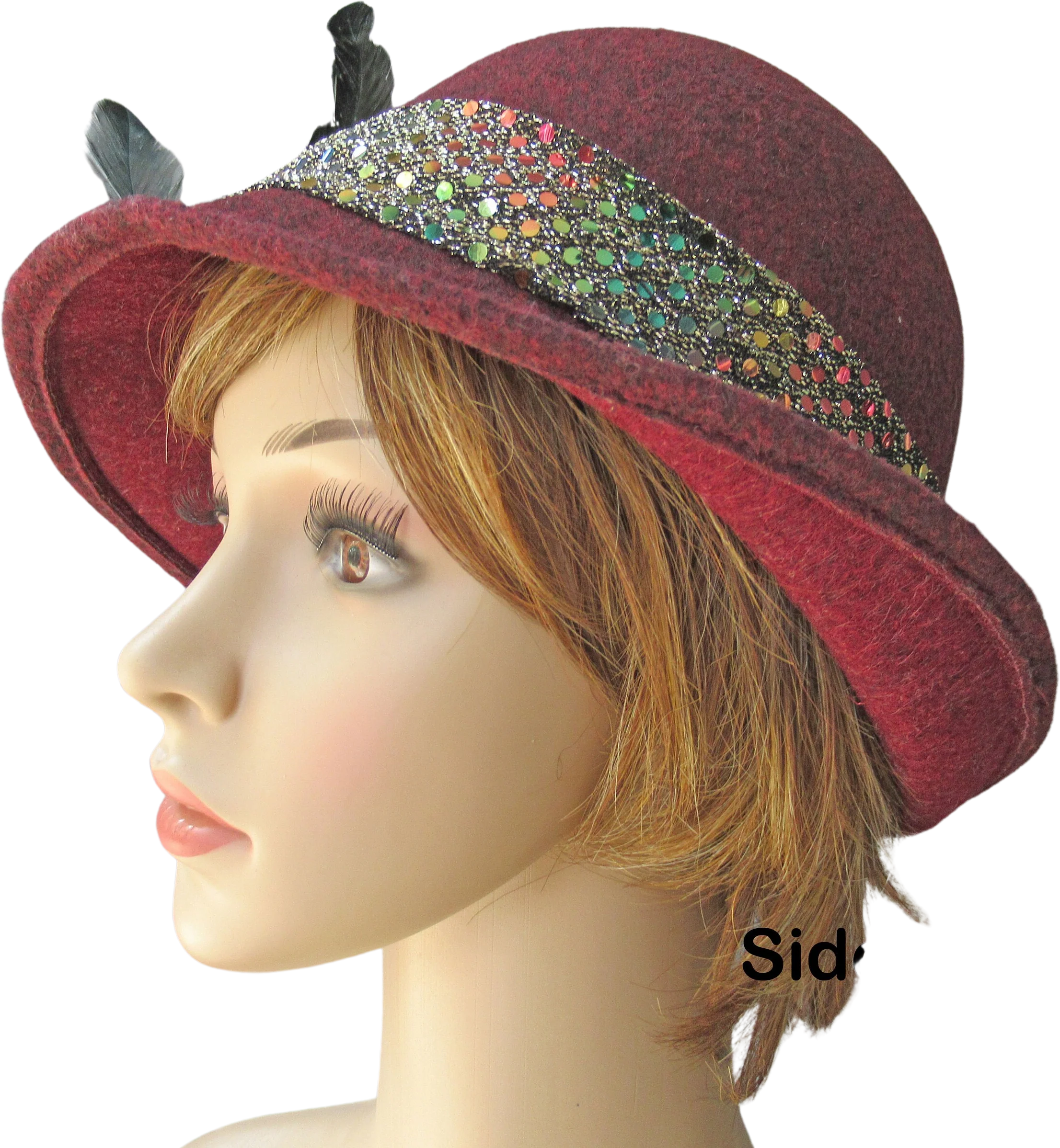 Burgundy Cloche Style Hat Soft Shape Dome Center  Made In Italy Shiny Band with Feathers and Clear Rhinestone Trim Vintage by Maison Pholya