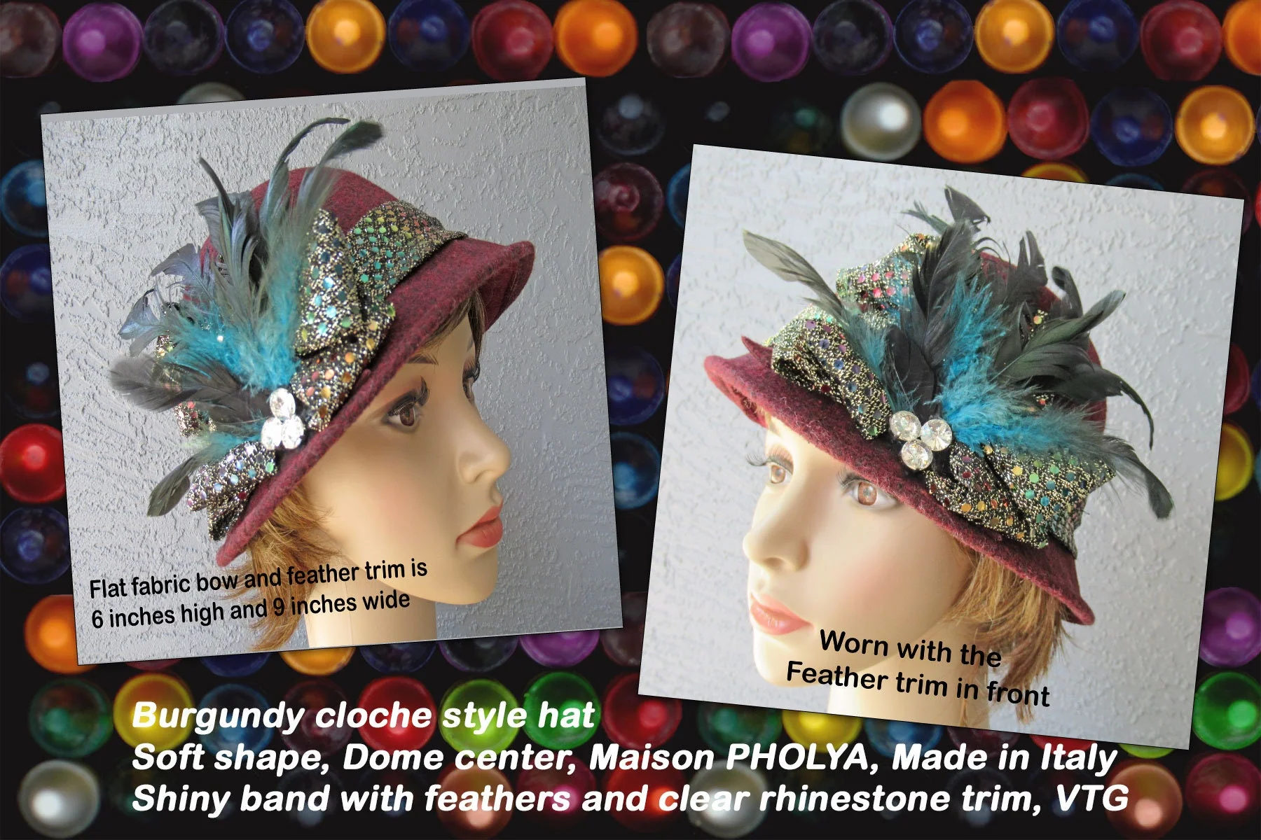 Burgundy Cloche Style Hat Soft Shape Dome Center  Made In Italy Shiny Band with Feathers and Clear Rhinestone Trim Vintage by Maison Pholya - Image 2