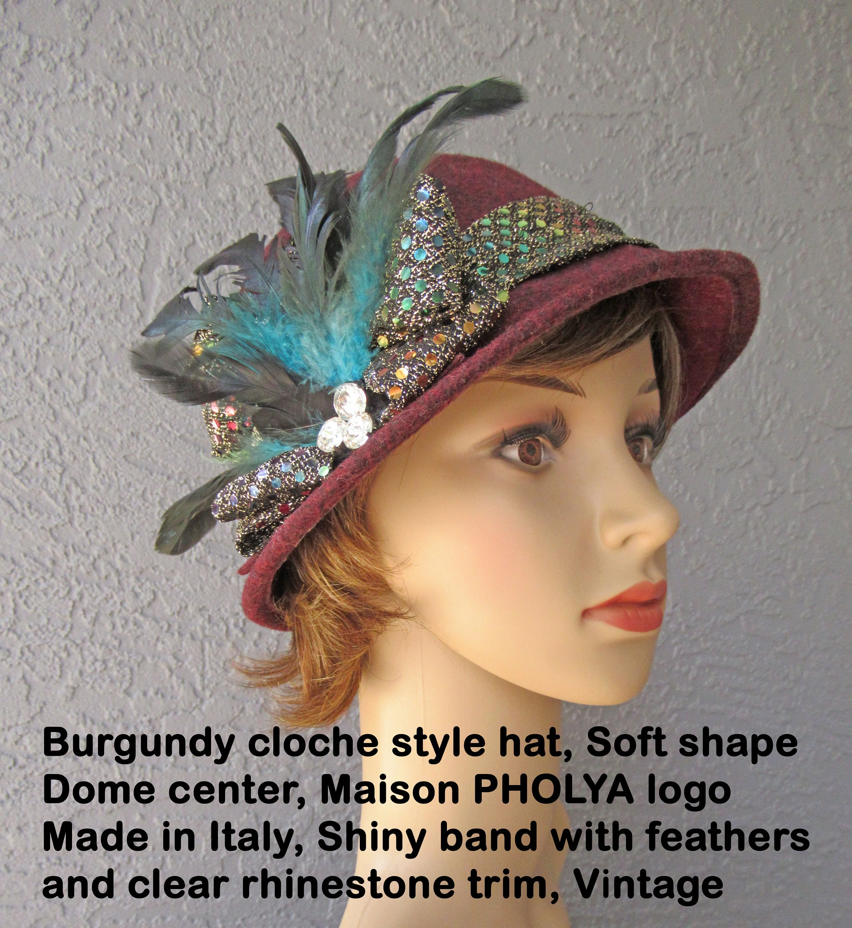 Burgundy Cloche Style Hat Soft Shape Dome Center  Made In Italy Shiny Band with Feathers and Clear Rhinestone Trim Vintage by Maison Pholya - Image 3
