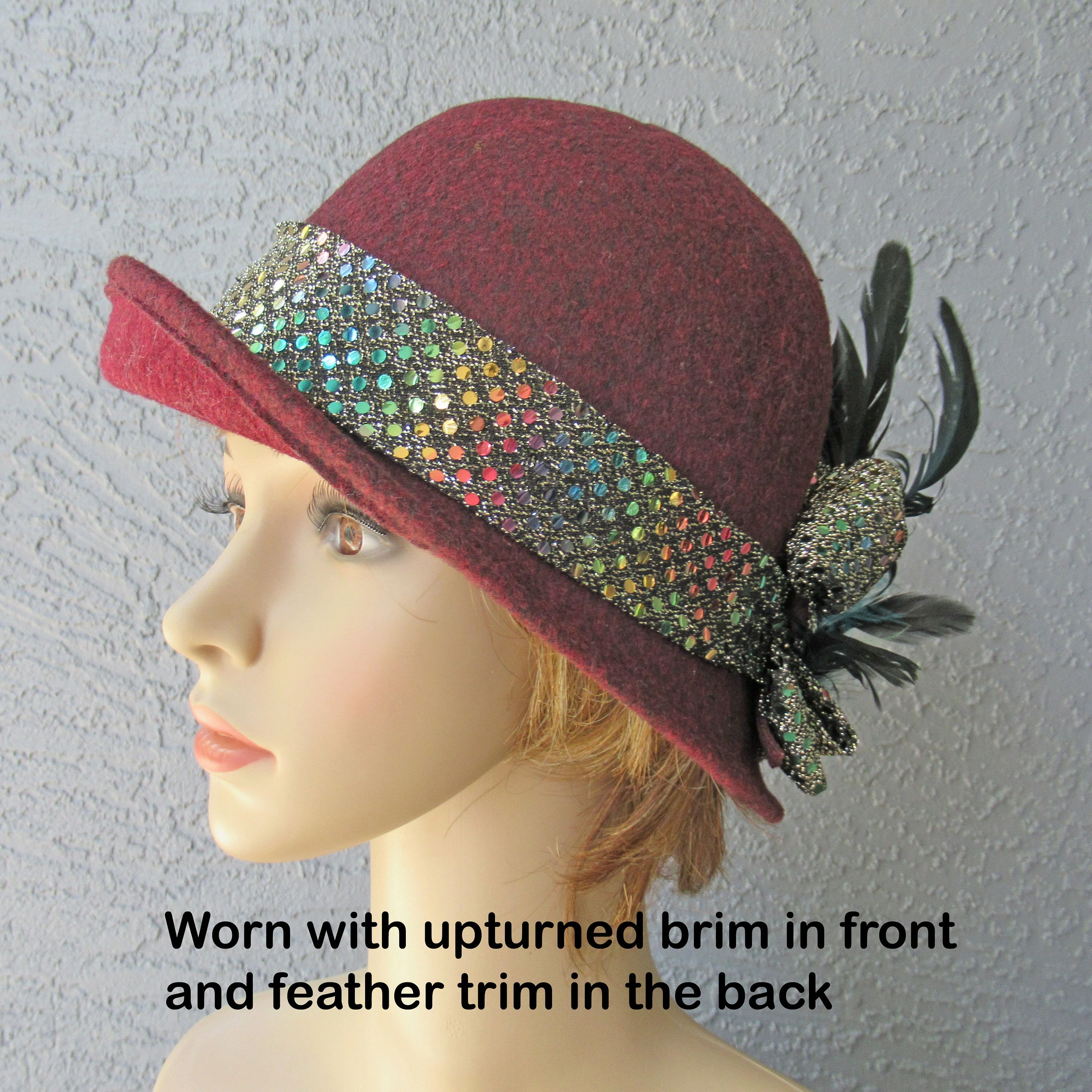 Burgundy Cloche Style Hat Soft Shape Dome Center  Made In Italy Shiny Band with Feathers and Clear Rhinestone Trim Vintage by Maison Pholya - Image 4