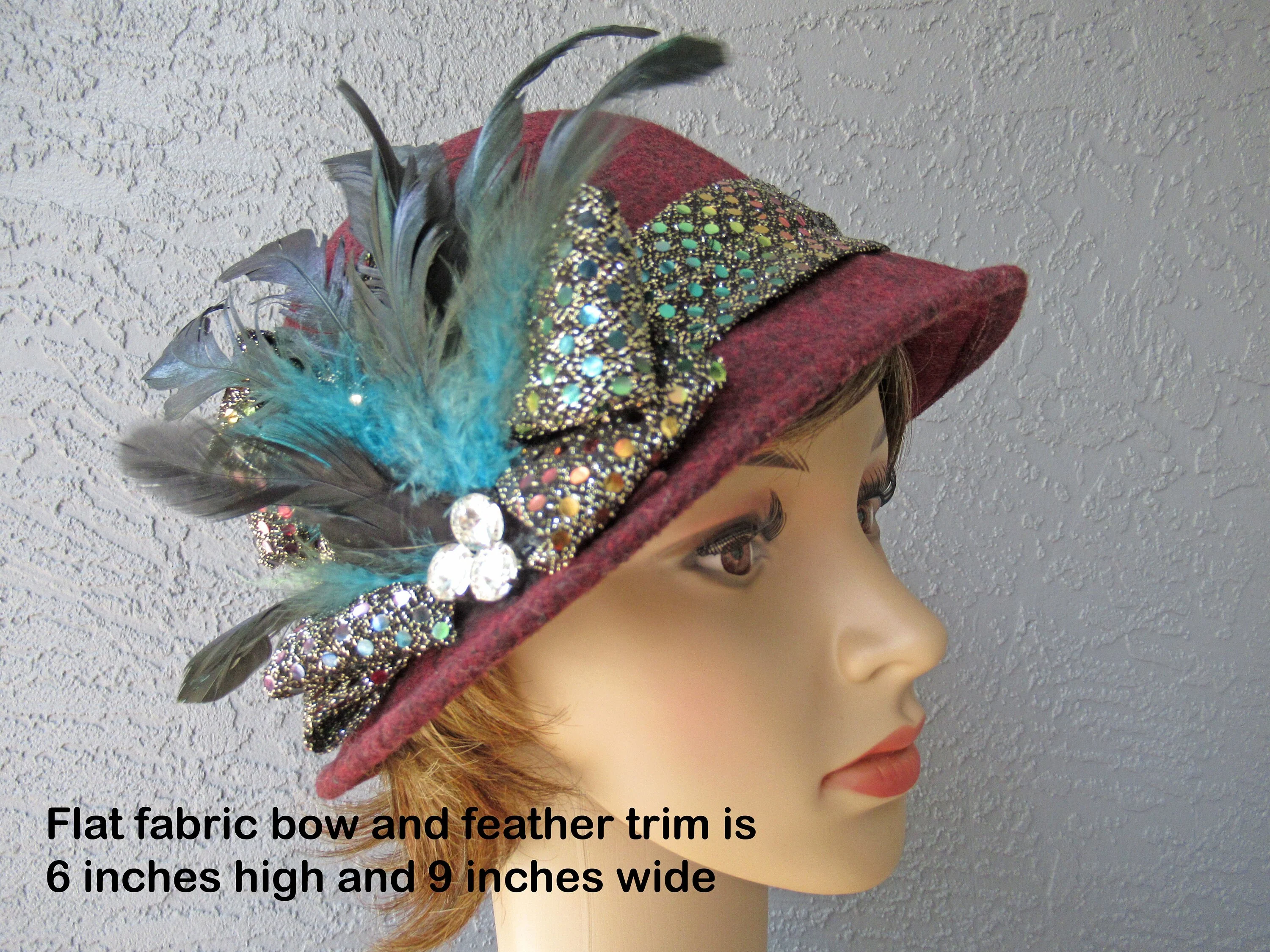 Burgundy Cloche Style Hat Soft Shape Dome Center  Made In Italy Shiny Band with Feathers and Clear Rhinestone Trim Vintage by Maison Pholya - Image 5