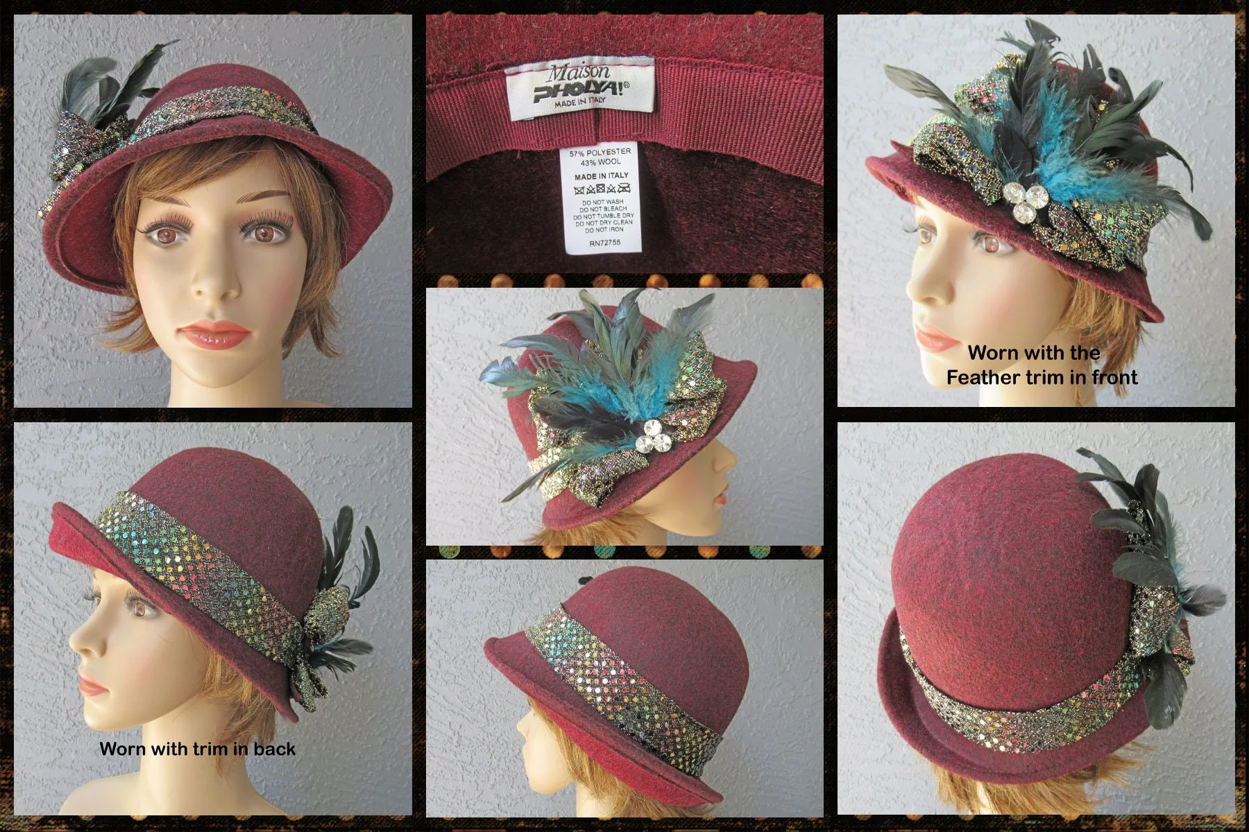 Burgundy Cloche Style Hat Soft Shape Dome Center  Made In Italy Shiny Band with Feathers and Clear Rhinestone Trim Vintage by Maison Pholya - Image 6