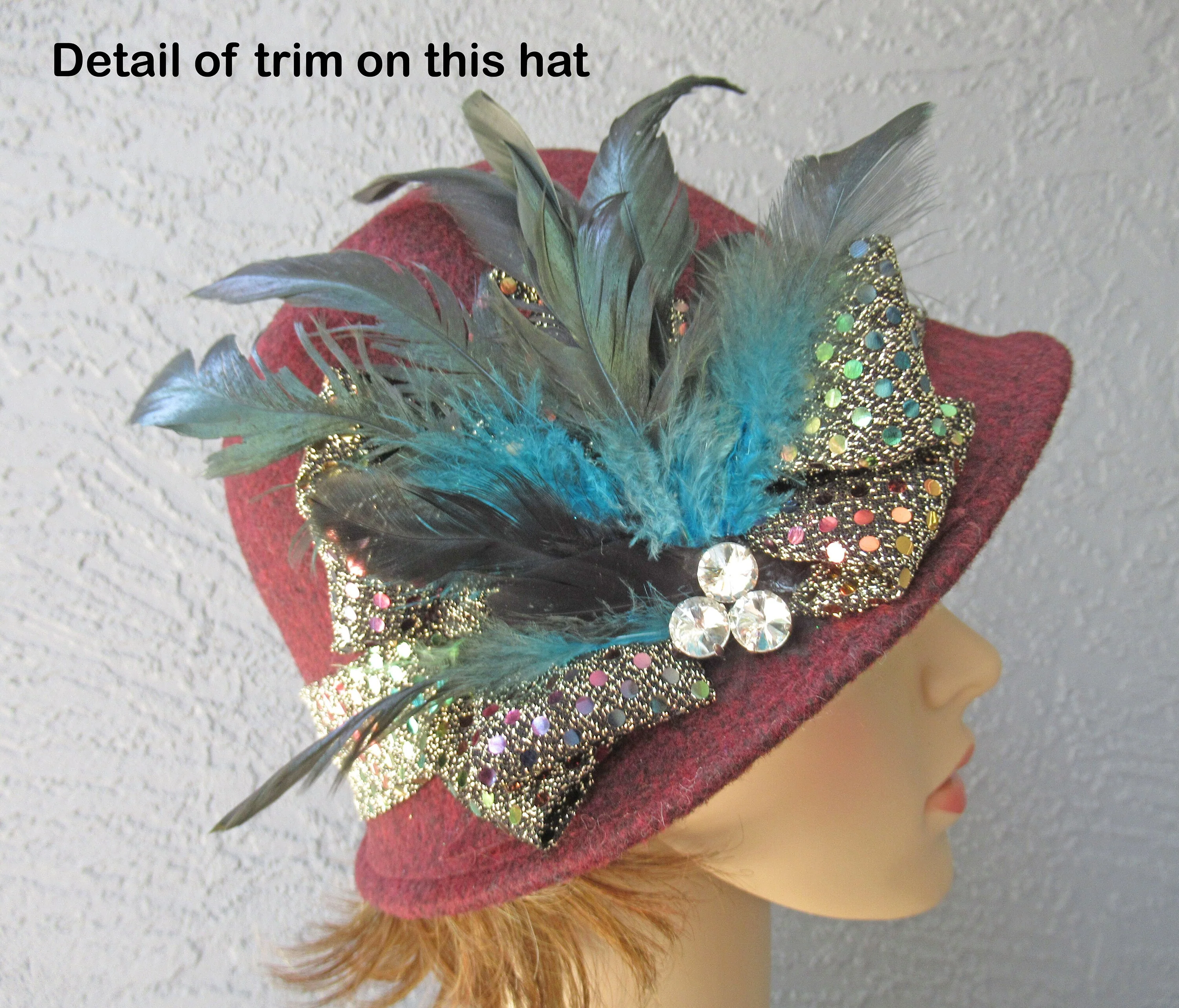 Burgundy Cloche Style Hat Soft Shape Dome Center  Made In Italy Shiny Band with Feathers and Clear Rhinestone Trim Vintage by Maison Pholya - Image 7