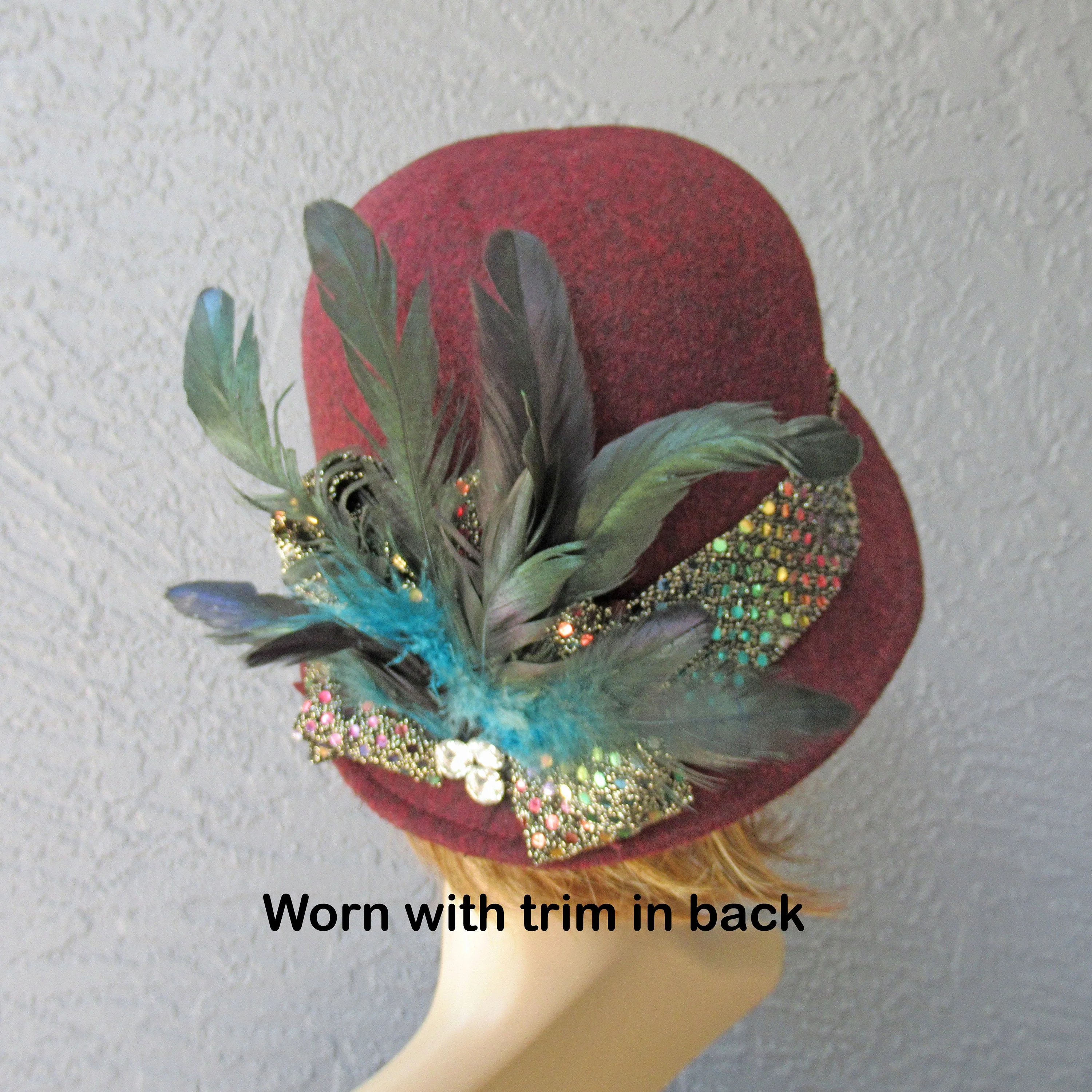 Burgundy Cloche Style Hat Soft Shape Dome Center  Made In Italy Shiny Band with Feathers and Clear Rhinestone Trim Vintage by Maison Pholya - Image 8