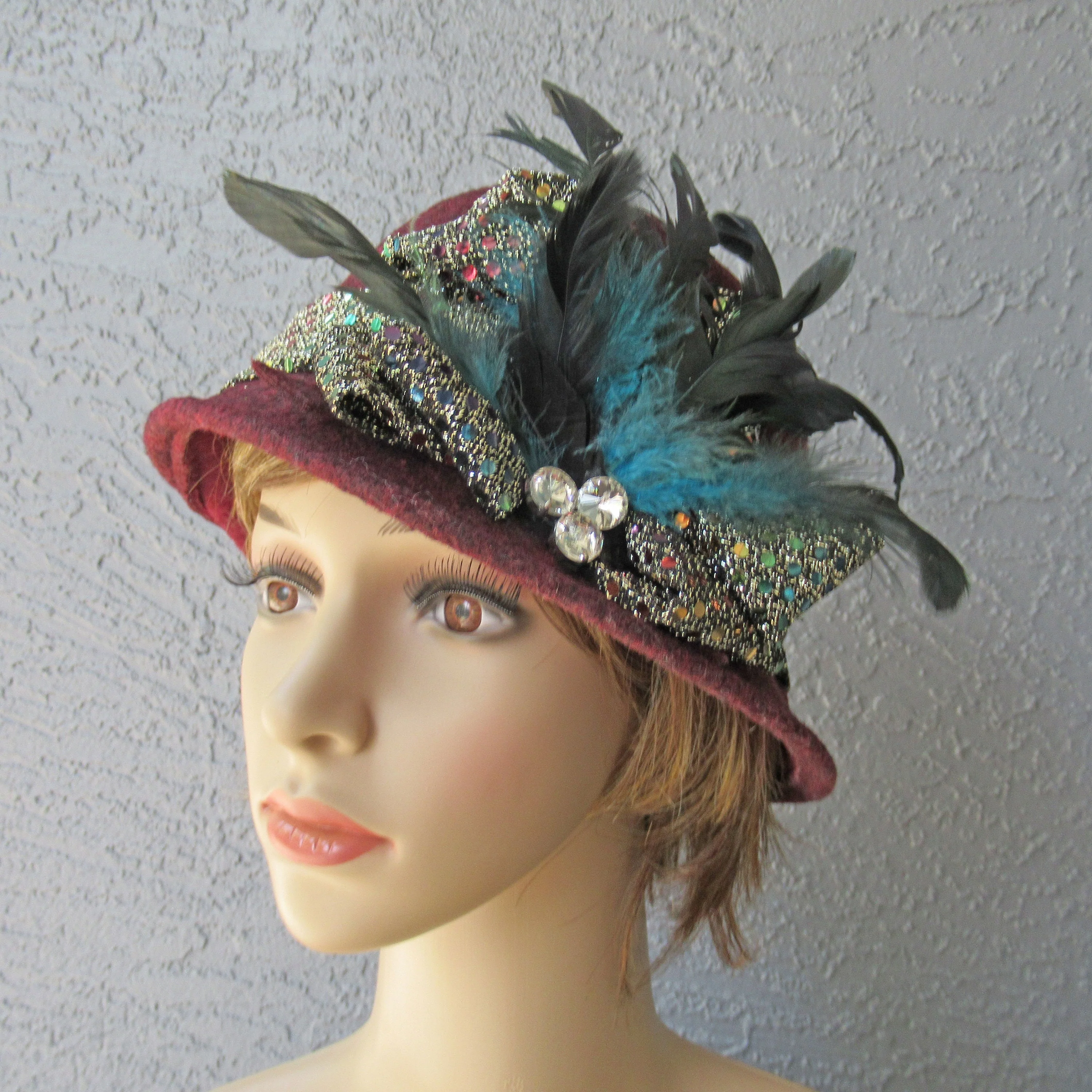 Burgundy Cloche Style Hat Soft Shape Dome Center  Made In Italy Shiny Band with Feathers and Clear Rhinestone Trim Vintage by Maison Pholya - Image 9