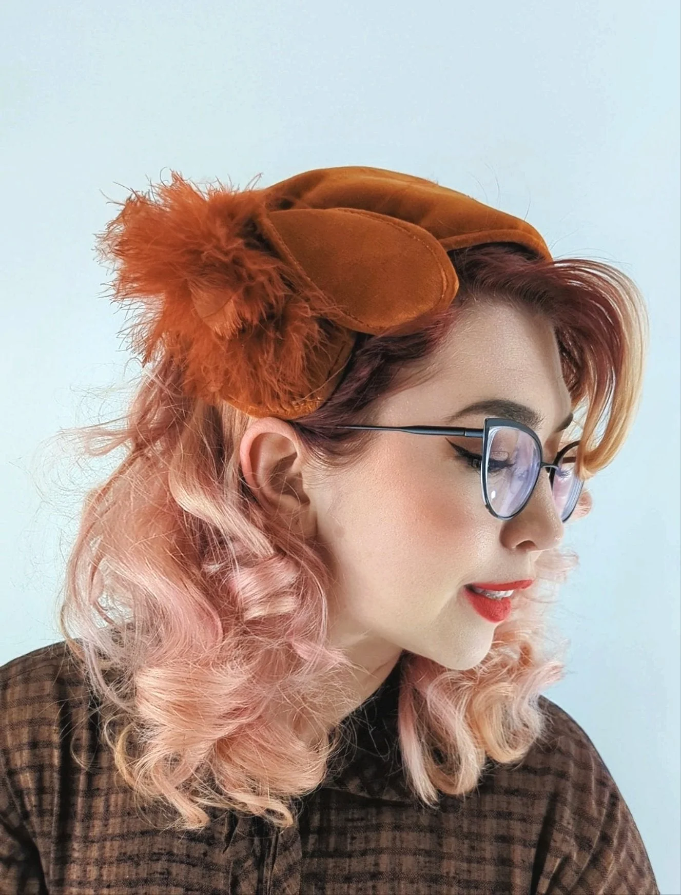 Burnt Orange Velvet Fascinator with Feather and Faux Pearls Pill Box Hat by Laurel Hurst - Image 2