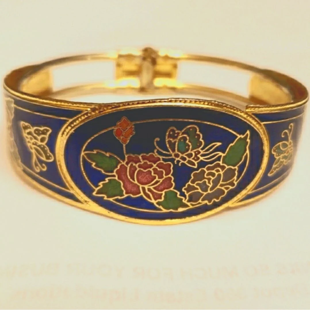 90's Butterfly Floral Blue Cloisonne Gold Tone Bracelet - Image 11