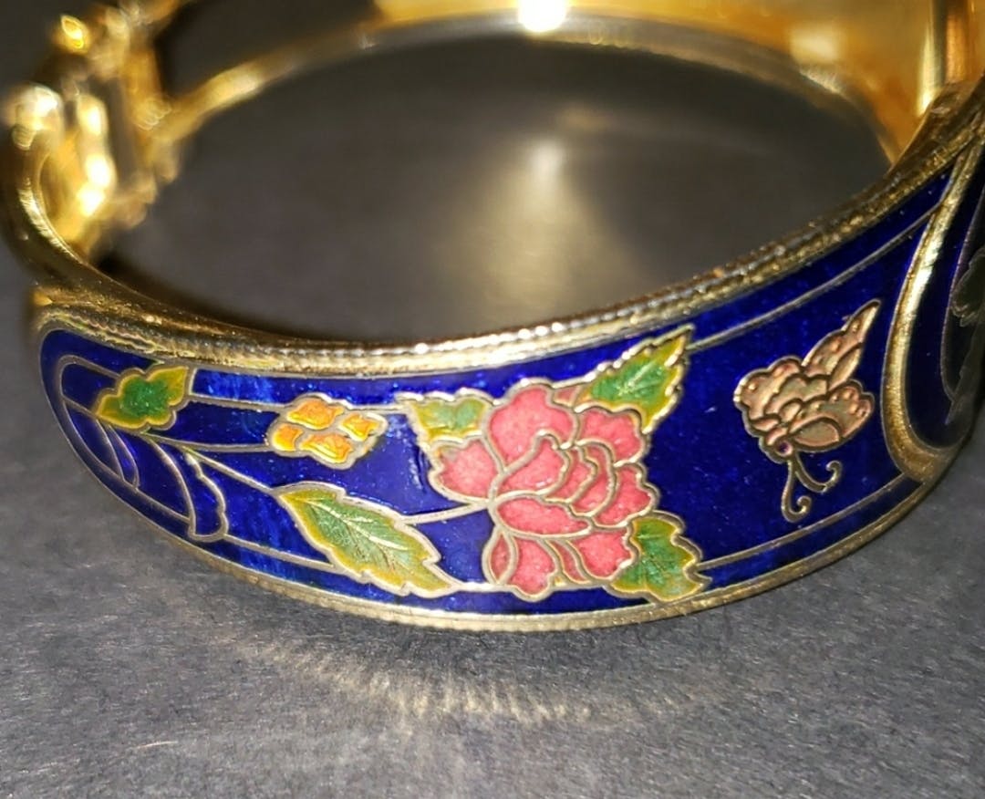 90's Butterfly Floral Blue Cloisonne Gold Tone Bracelet - Image 5
