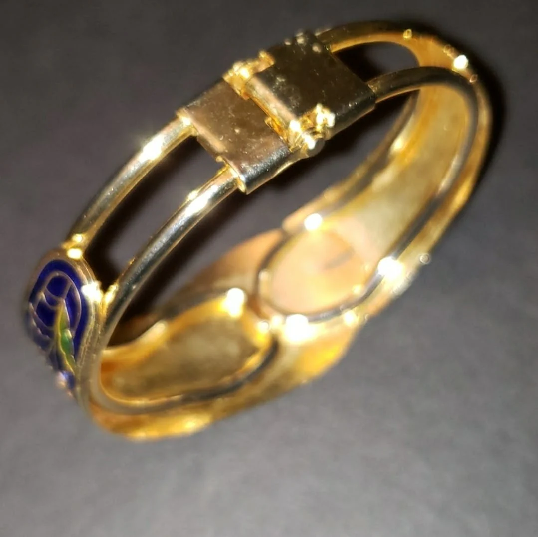 90's Butterfly Floral Blue Cloisonne Gold Tone Bracelet - Image 7