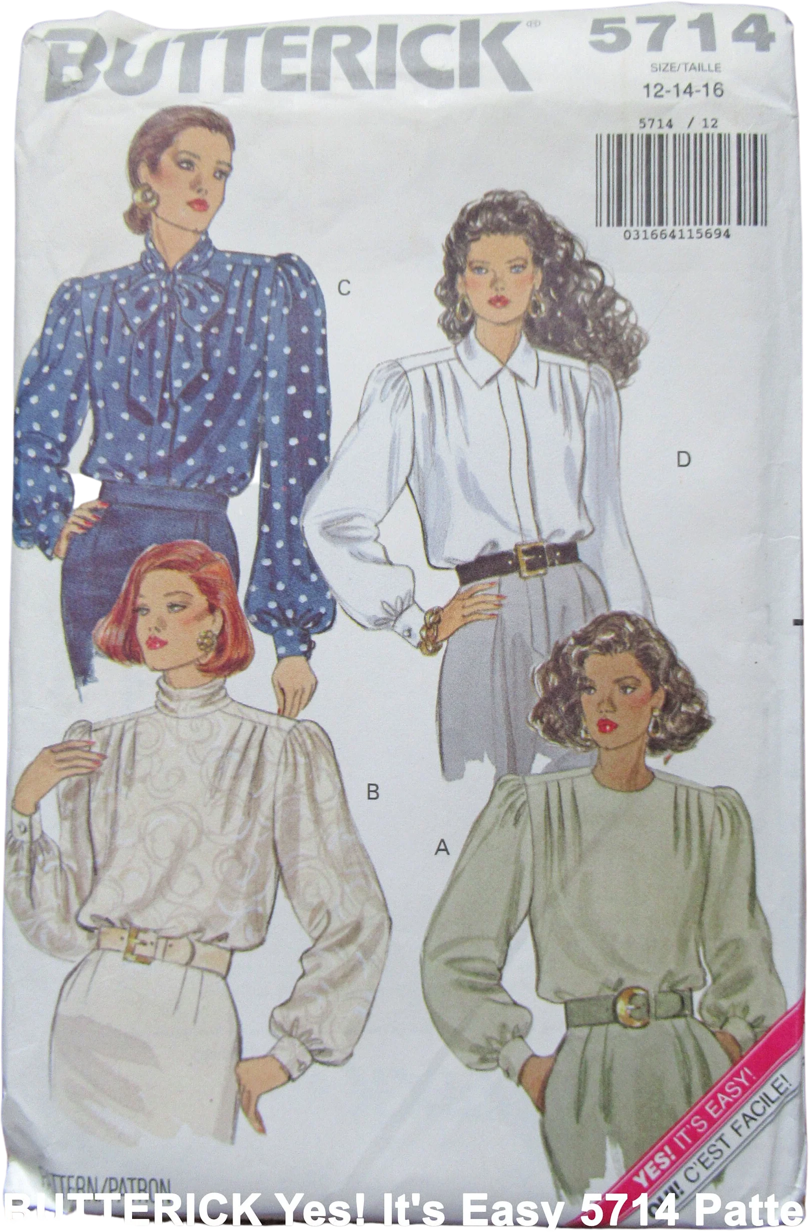 Butterick Yes! It's Easy 5714 Pattern 4 Versions, Loose Fitting Blouse, 1991, Uncut Complete Pattern with Directions, 34 - 38 Bust, Made Usa