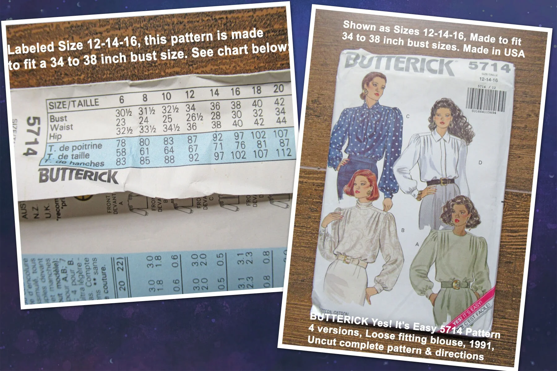 Butterick Yes! It's Easy 5714 Pattern 4 Versions, Loose Fitting Blouse, 1991, Uncut Complete Pattern with Directions, 34 - 38 Bust, Made Usa - Image 2