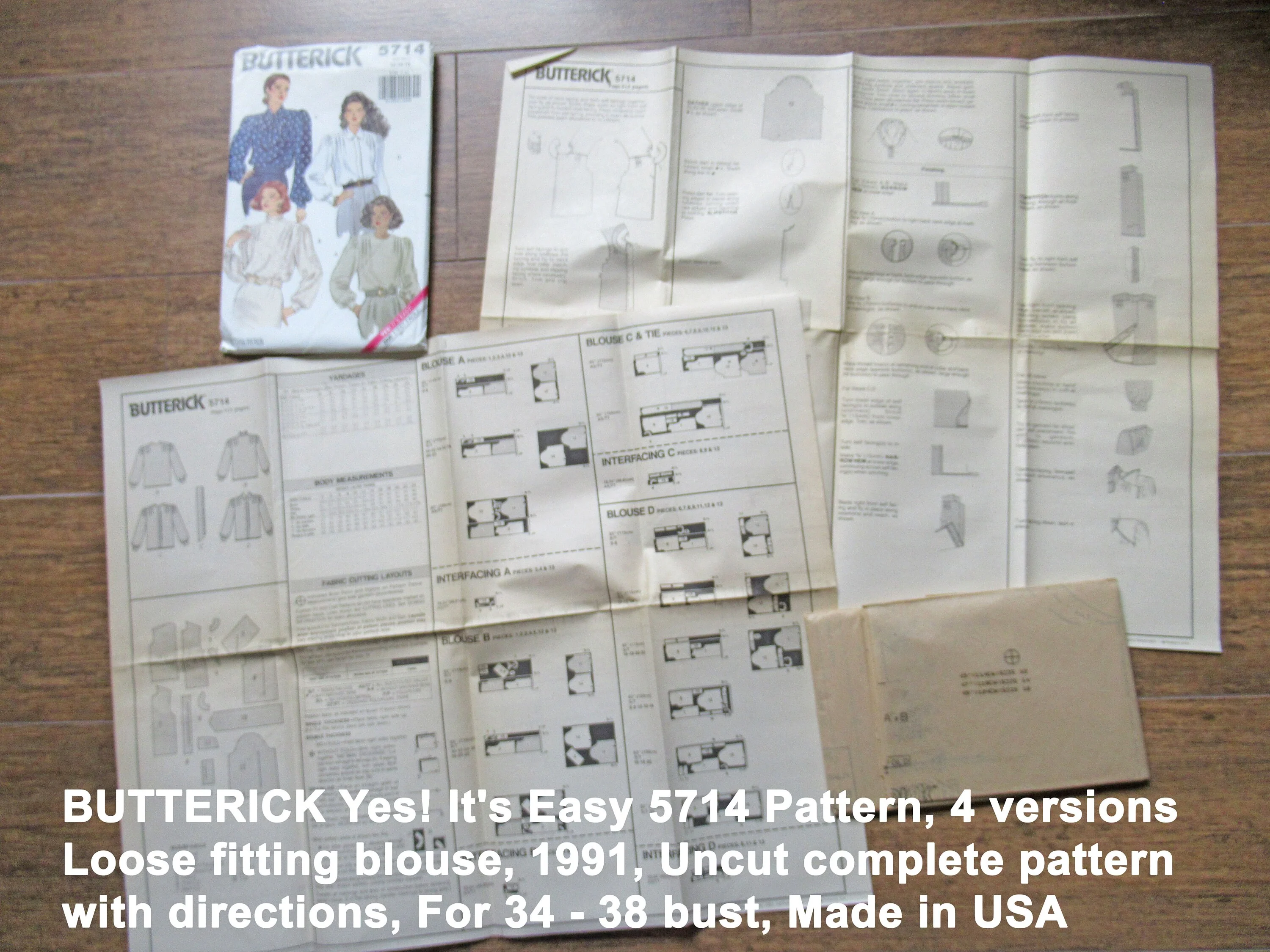 Butterick Yes! It's Easy 5714 Pattern 4 Versions, Loose Fitting Blouse, 1991, Uncut Complete Pattern with Directions, 34 - 38 Bust, Made Usa - Image 3