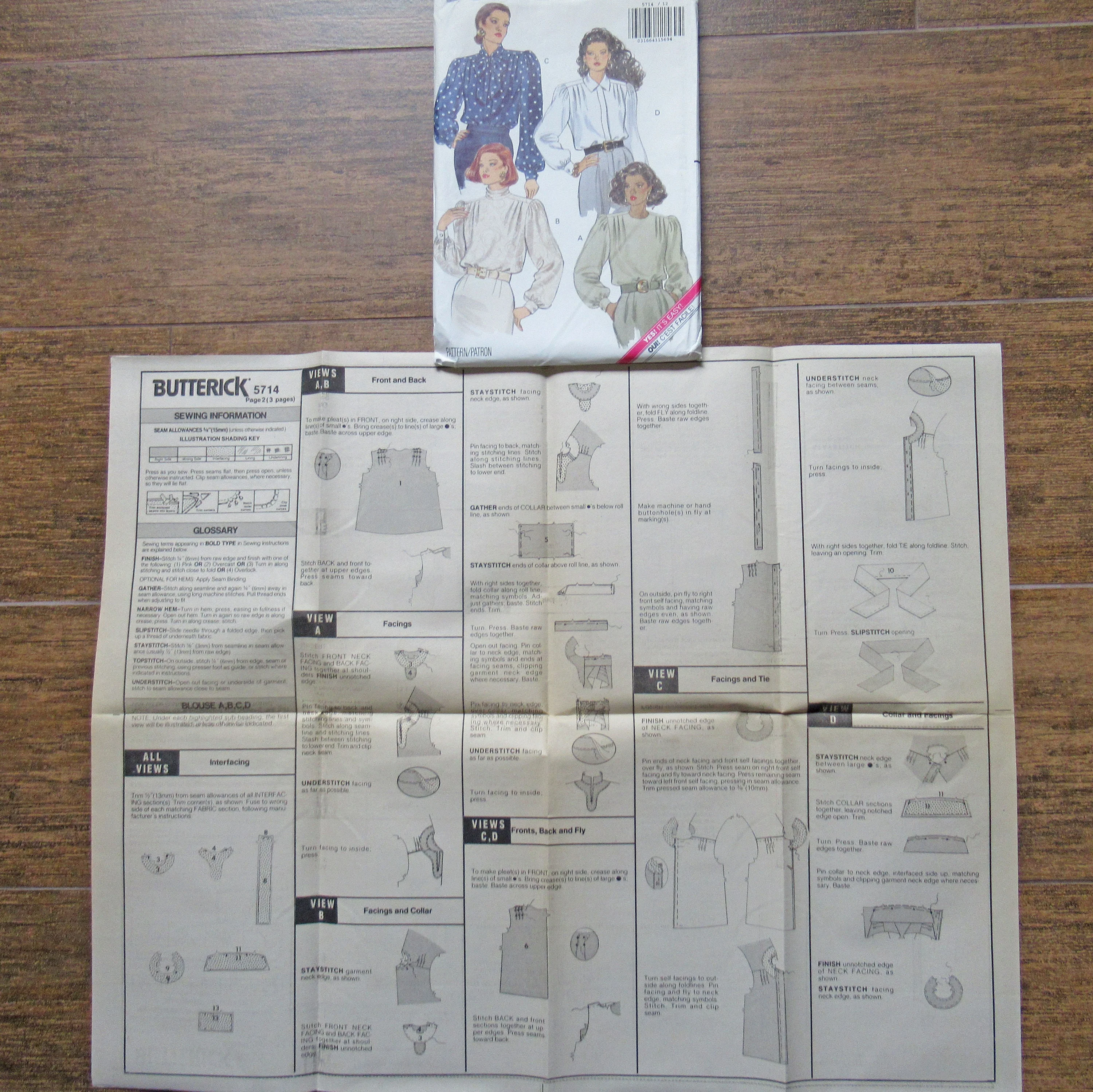 Butterick Yes! It's Easy 5714 Pattern 4 Versions, Loose Fitting Blouse, 1991, Uncut Complete Pattern with Directions, 34 - 38 Bust, Made Usa - Image 4