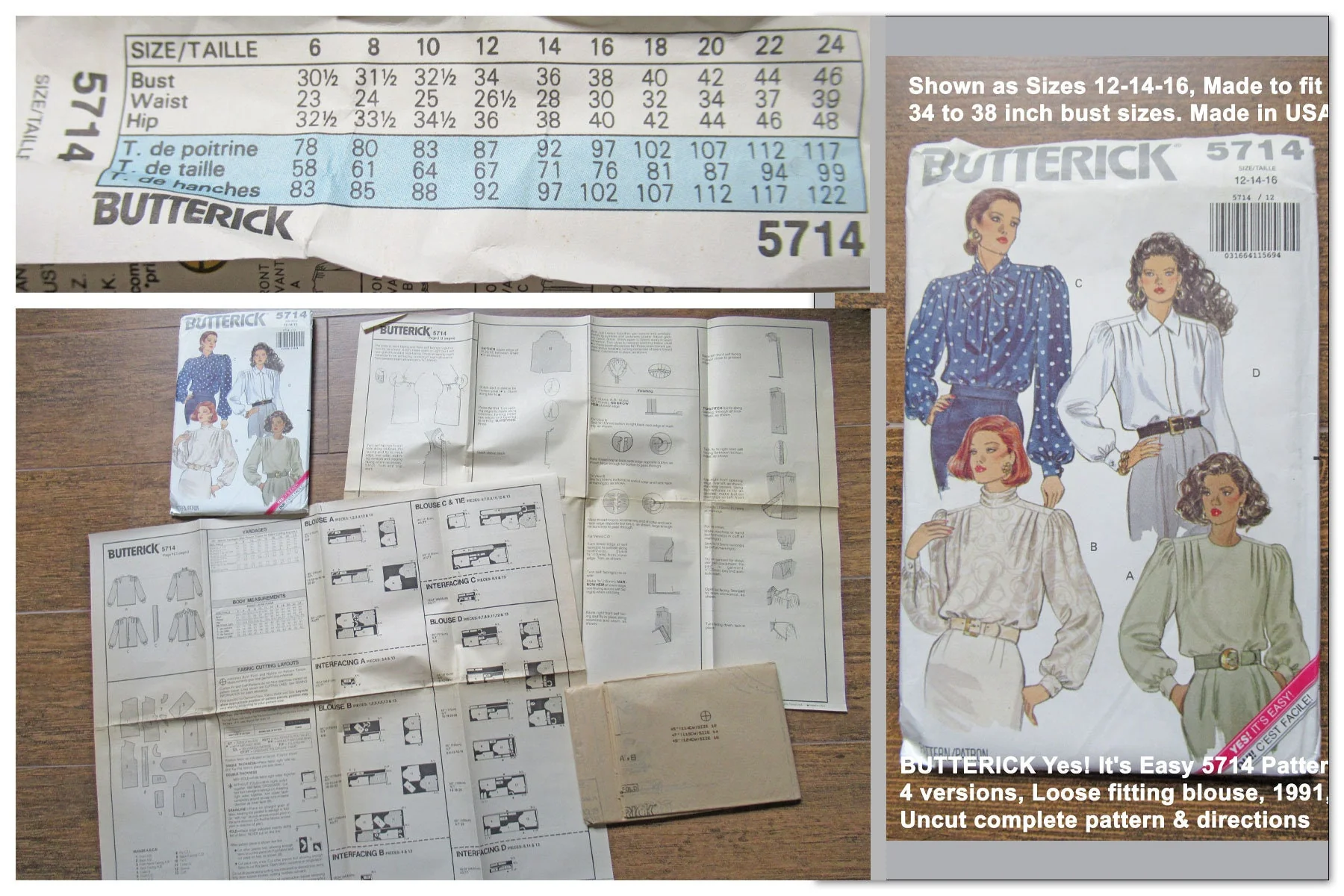Butterick Yes! It's Easy 5714 Pattern 4 Versions, Loose Fitting Blouse, 1991, Uncut Complete Pattern with Directions, 34 - 38 Bust, Made Usa - Image 5