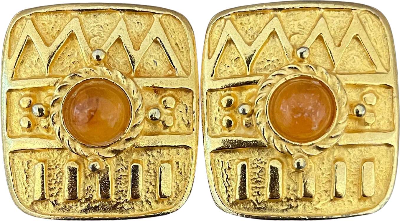 Byzantine Etruscan Cabochon Clip On Statement Earrings Matte Gold