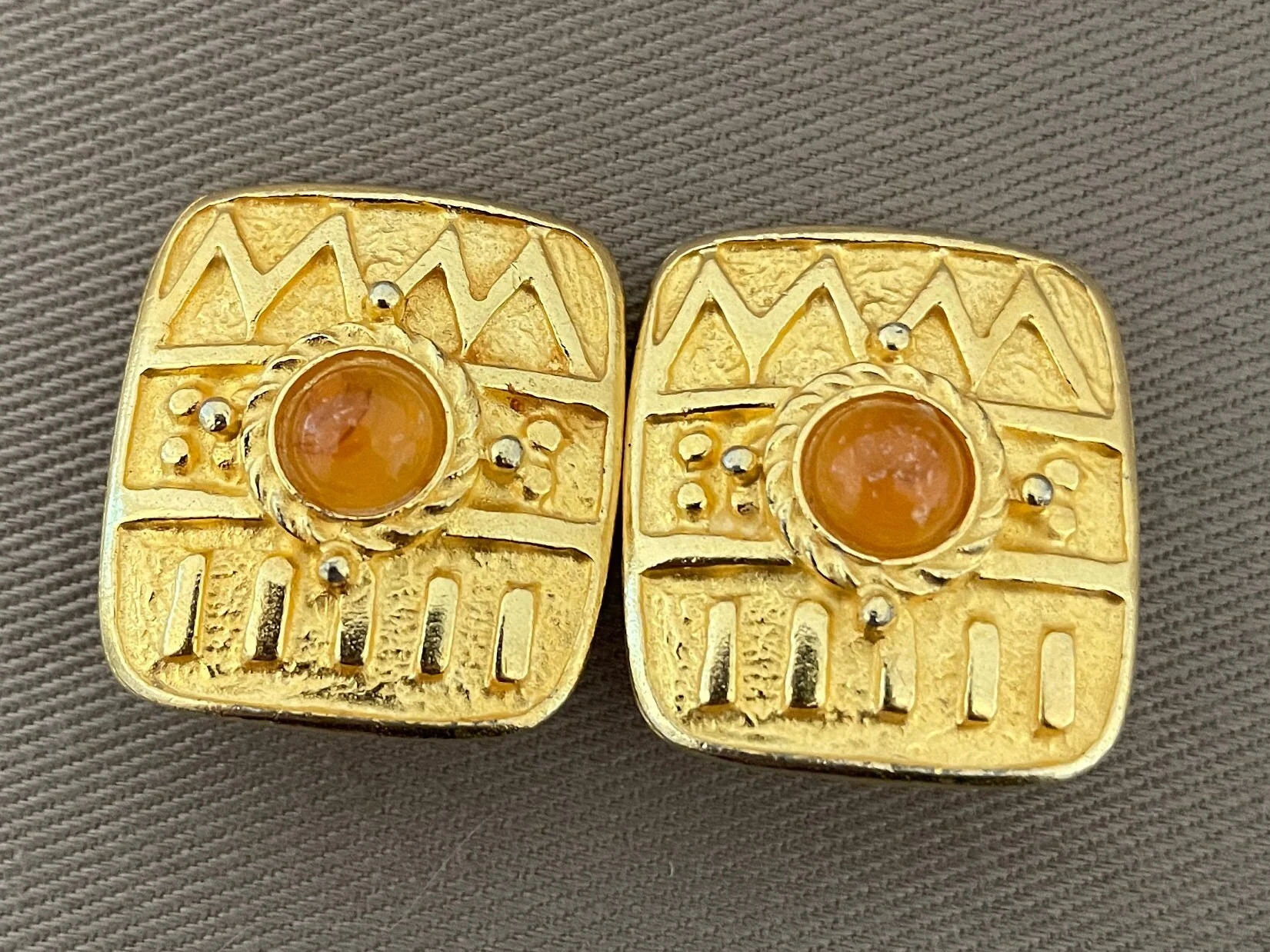 Byzantine Etruscan Cabochon Clip On Statement Earrings Matte Gold - Image 2