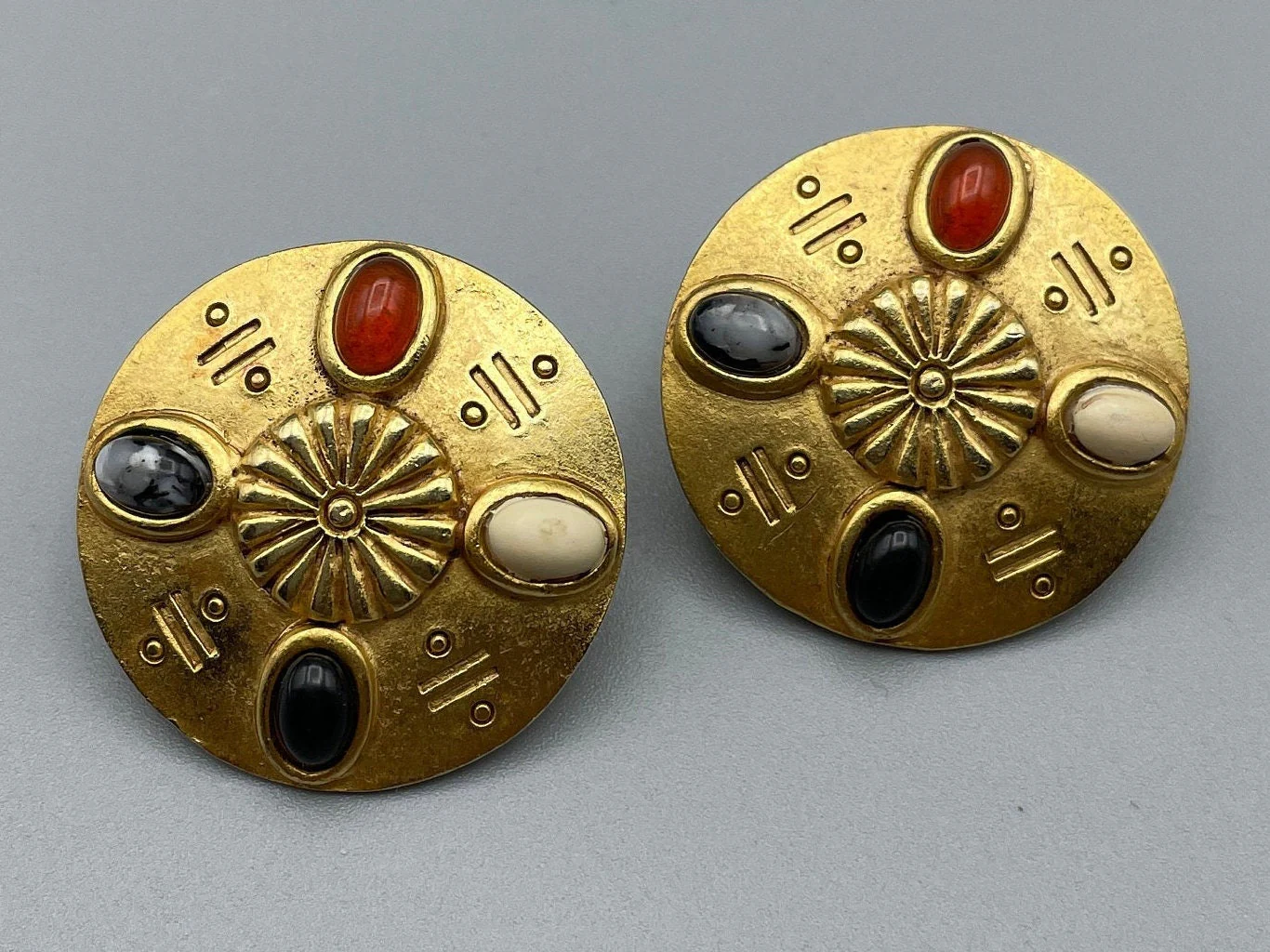 Byzantine Etruscan Statement Earrings Lucite Cabochons Medallion Vintage Earrings for Pierced Ears - Image 3
