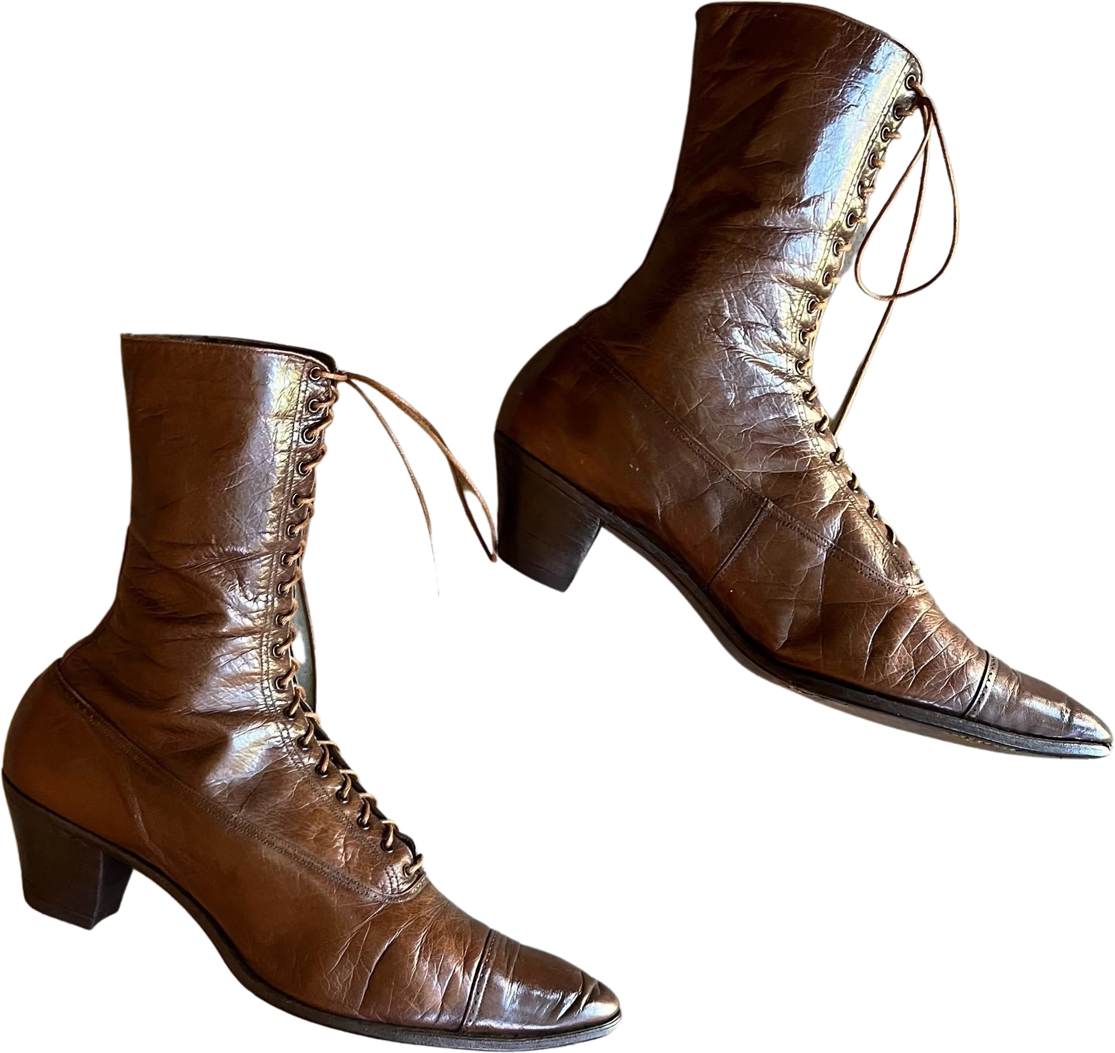 C. 10s Brown Boots Approx Sz 8. 5-9 Antique Clothing Victorian Shoes Edwardian Historical Fashion