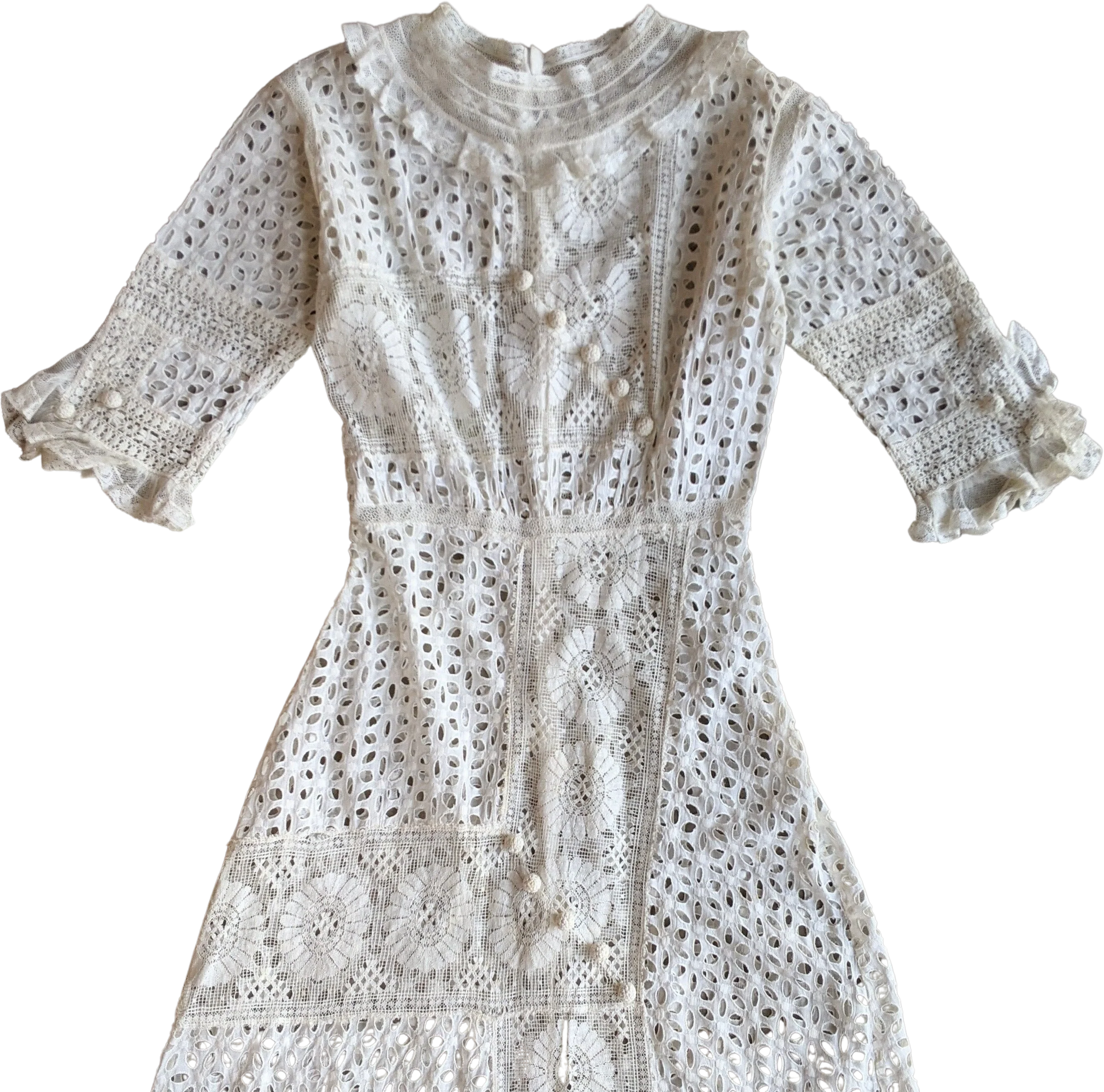 C. 1911-1912 Cotton Lingerie Lace Dress Antique Edwardian 10s Clothing Historical Fashion