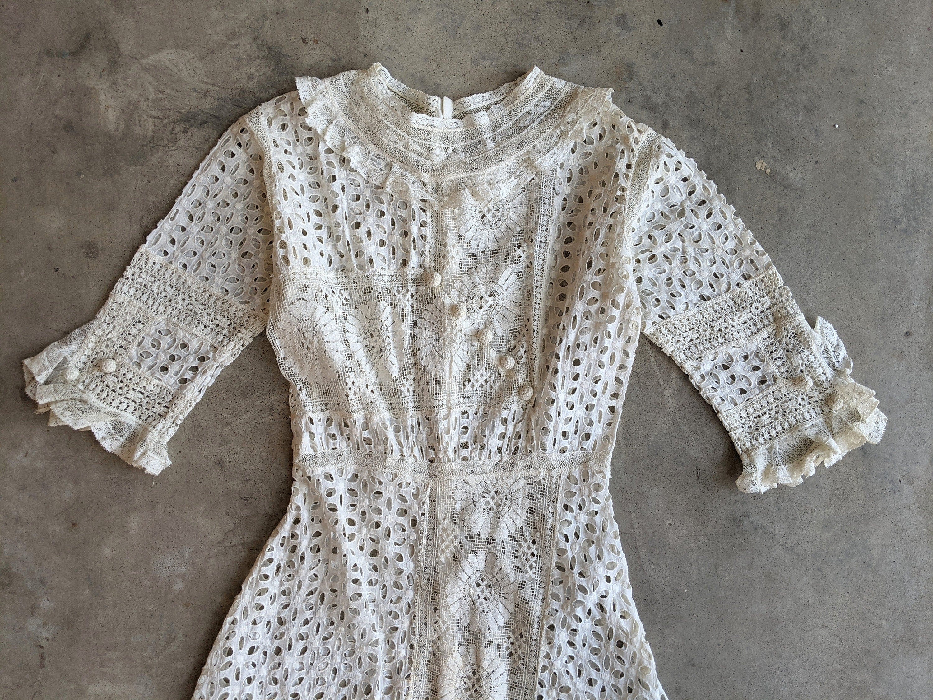 C. 1911-1912 Cotton Lingerie Lace Dress Antique Edwardian 10s Clothing Historical Fashion - Image 3