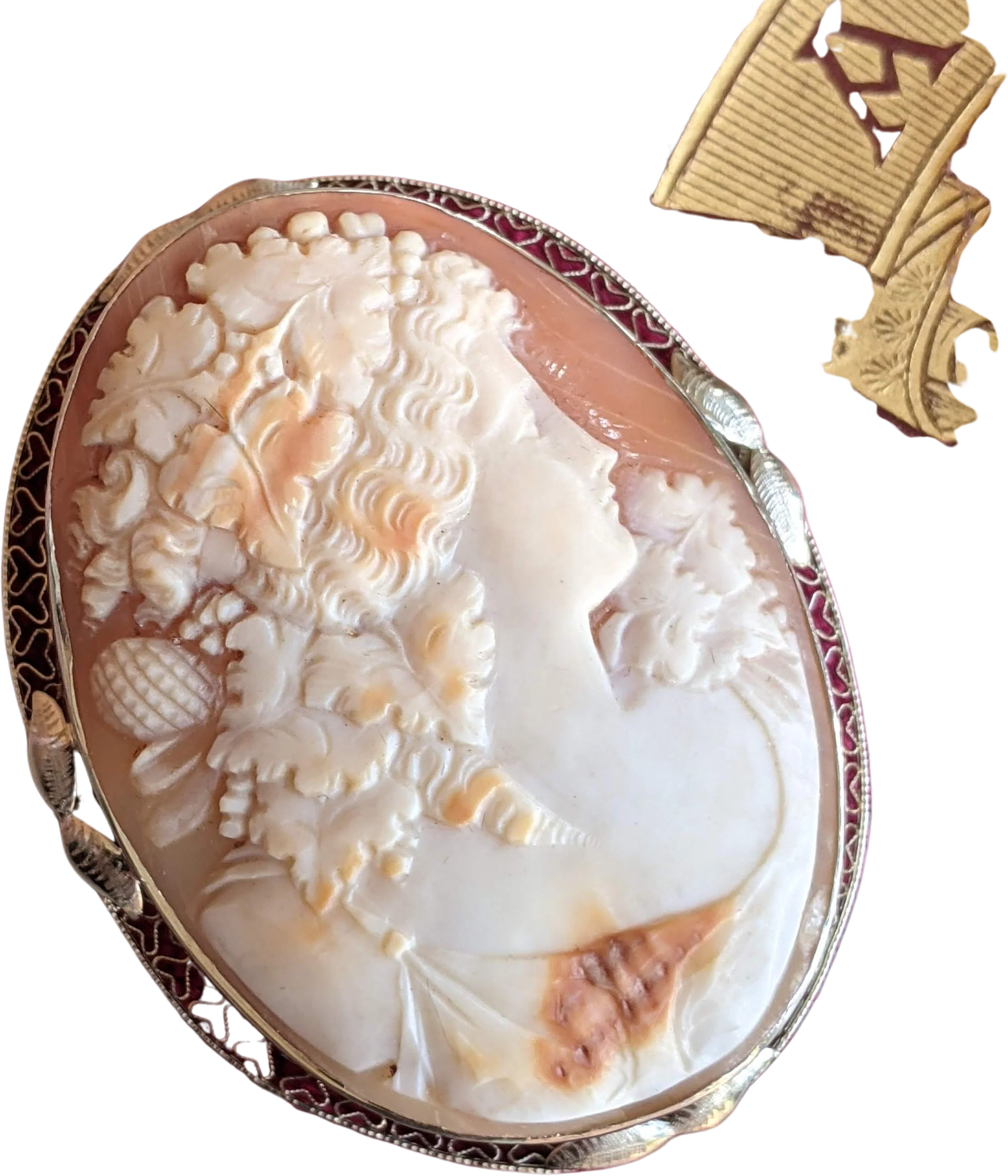C. 1920 14k White Gold Bacchus / Dionysus Carved Shell Cameo Antique Vintage Jewelry Brooch Pendant