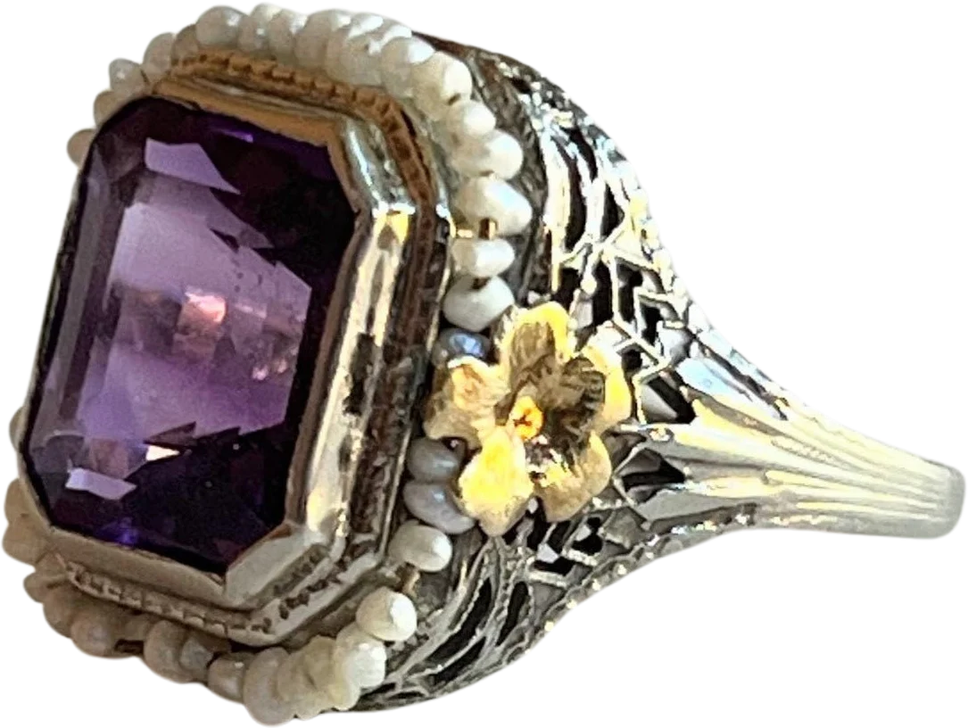 C. 20s-30s 10k White Yellow Gold Amethyst Ring Antique Vintage Art Deco Jewelry