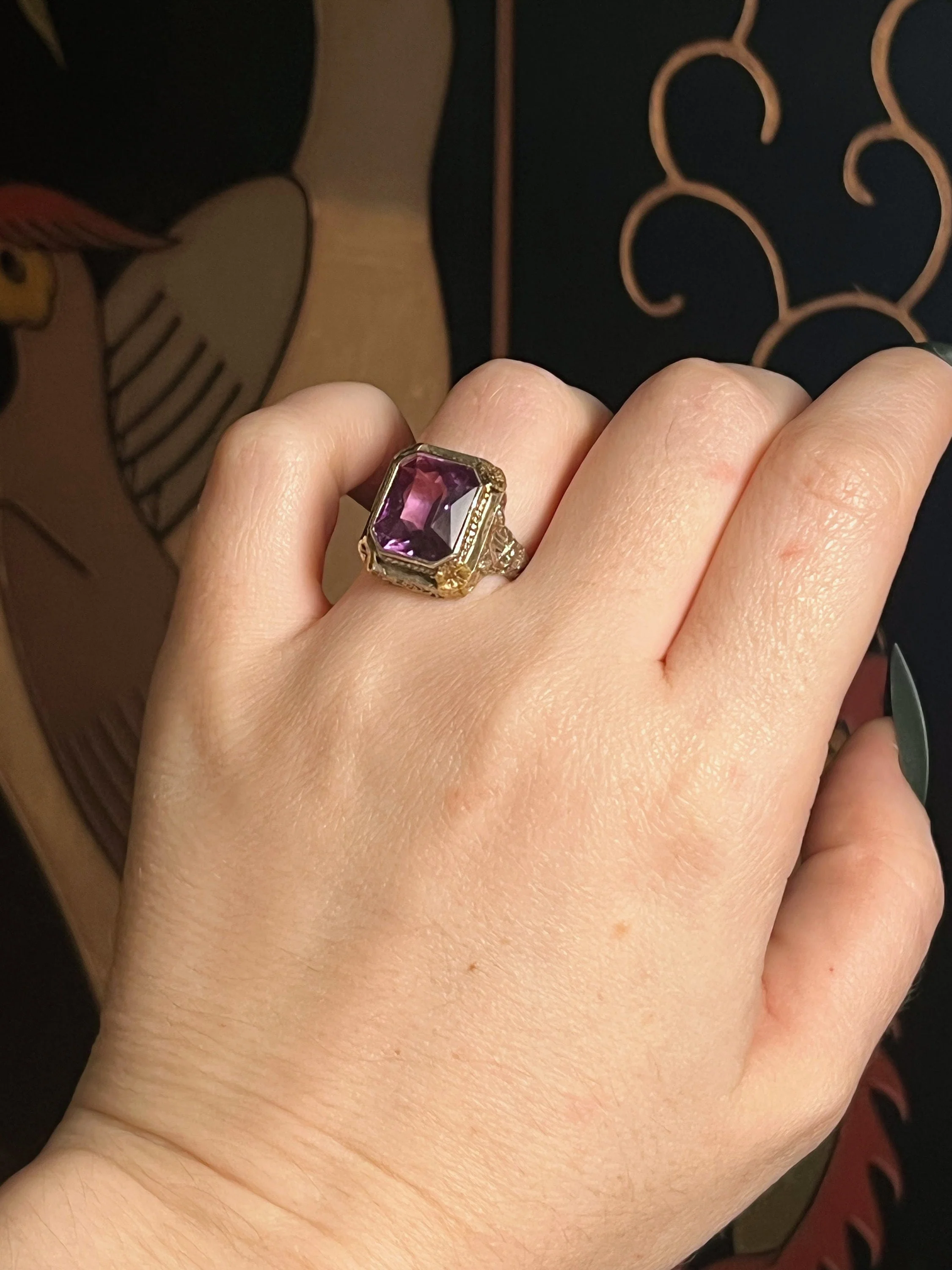 C. 20s-30s 14k White Yellow Gold Amethyst Ring Antique Vintage Art Deco Jewelry - Image 6
