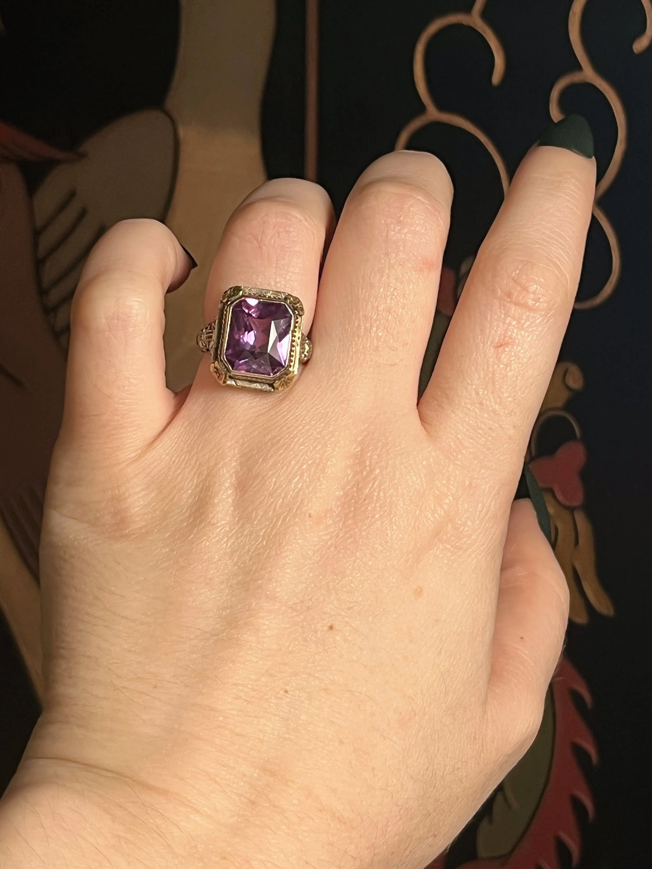 C. 20s-30s 14k White Yellow Gold Amethyst Ring Antique Vintage Art Deco Jewelry - Image 7