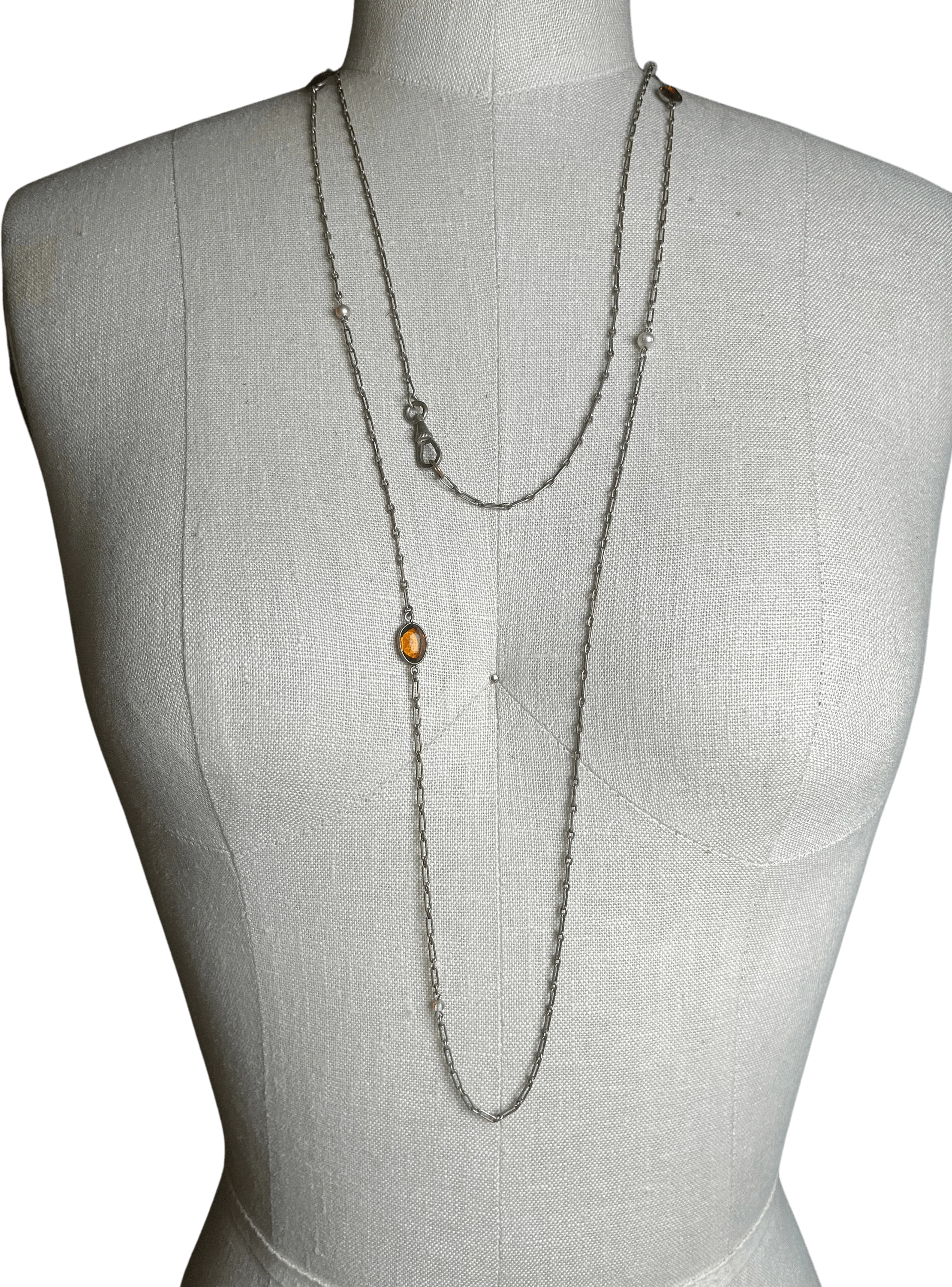 C. 20s Silver Long Guard Chain Antique Necklace Vintage Jewelry