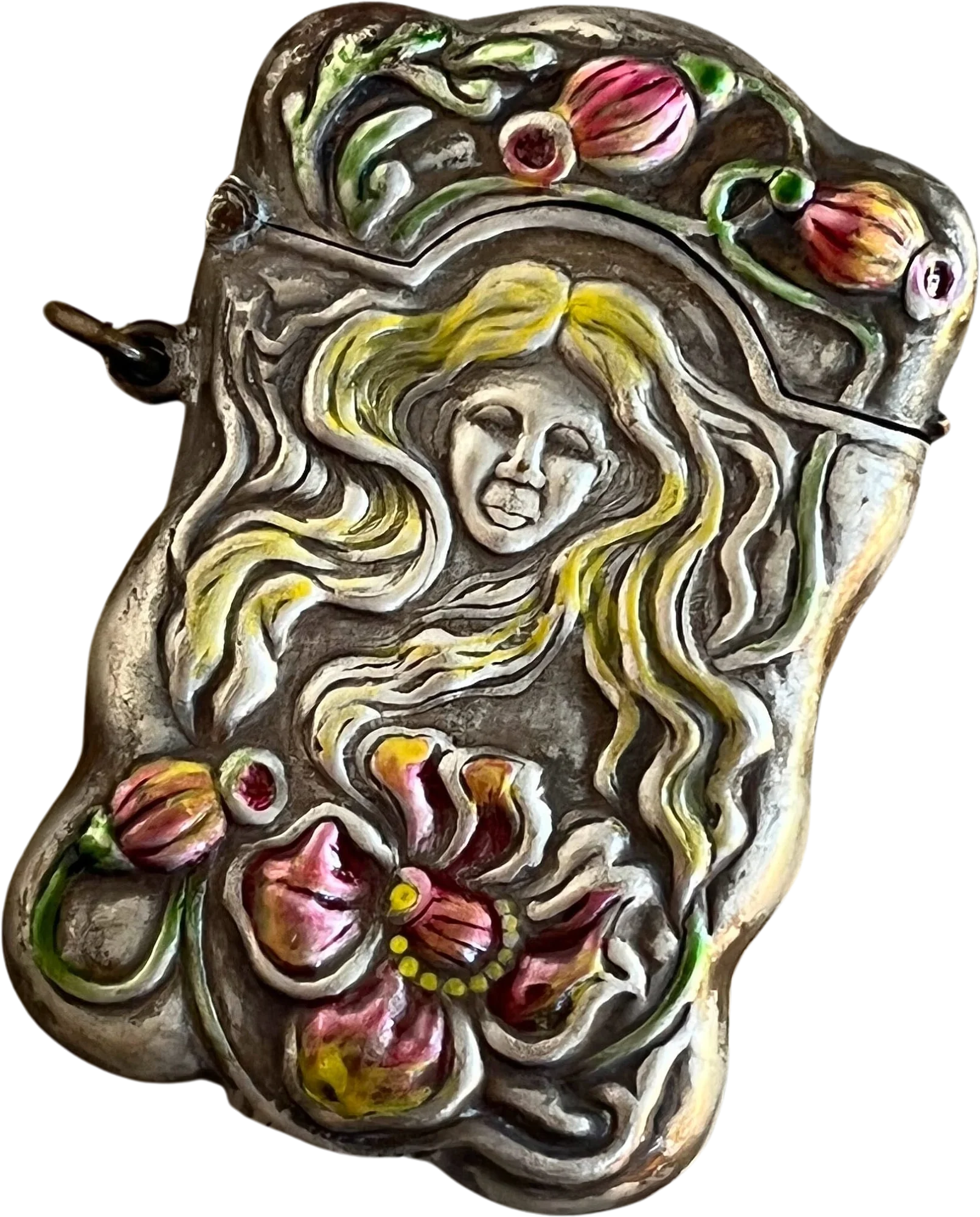 C. Edwardian-10s Painted Match Safe Pendant Antique Art Nouveau Edwardian Vesta Case