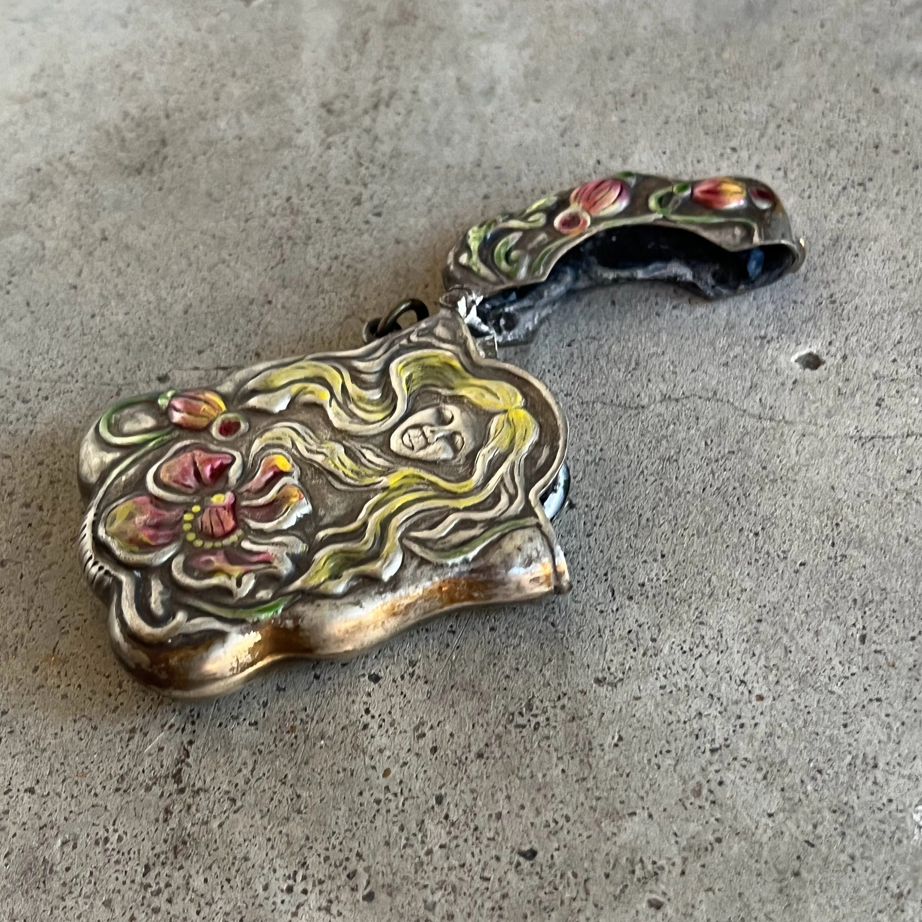 C. Edwardian-10s Painted Match Safe Pendant Antique Art Nouveau Edwardian Vesta Case - Image 3