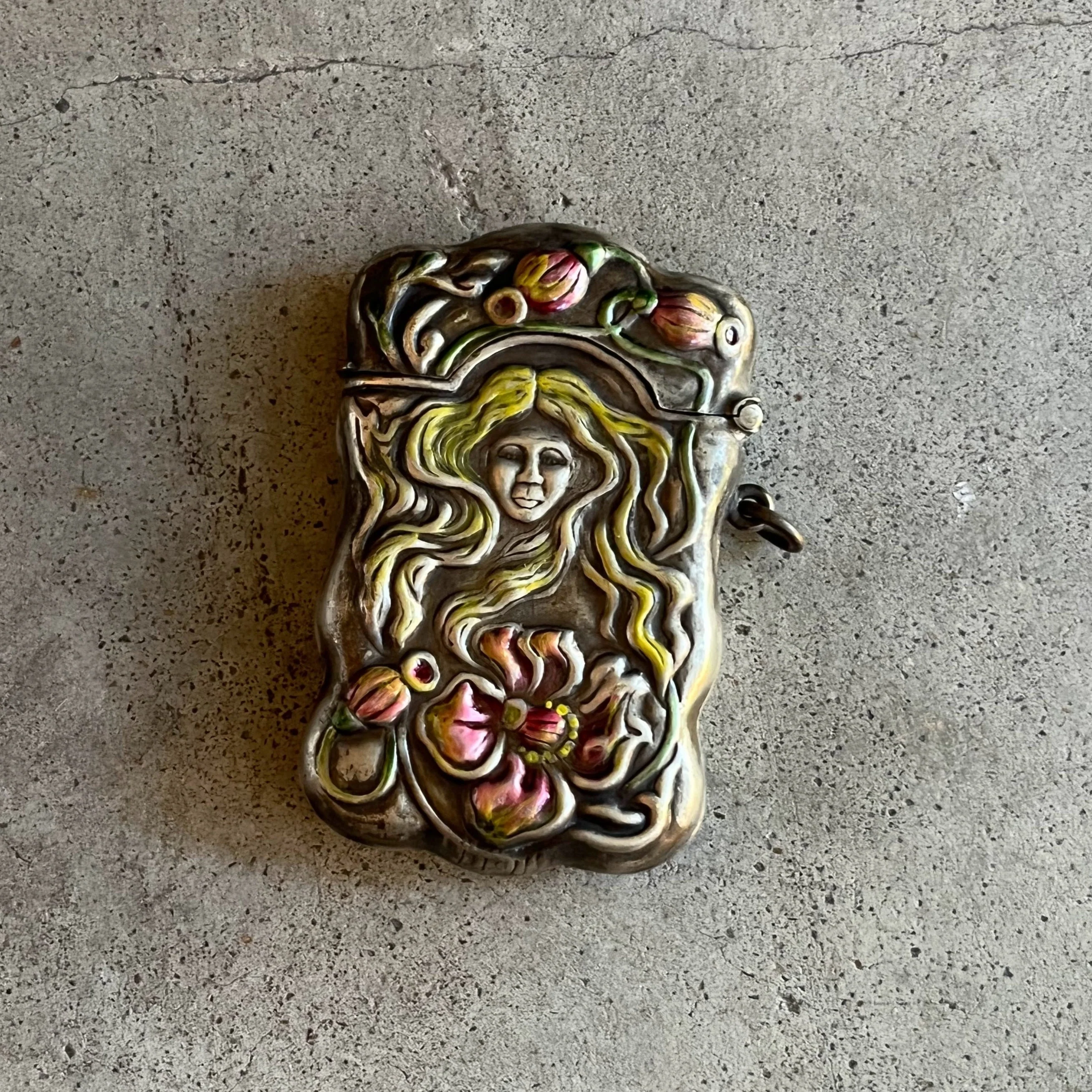 C. Edwardian-10s Painted Match Safe Pendant Antique Art Nouveau Edwardian Vesta Case - Image 5