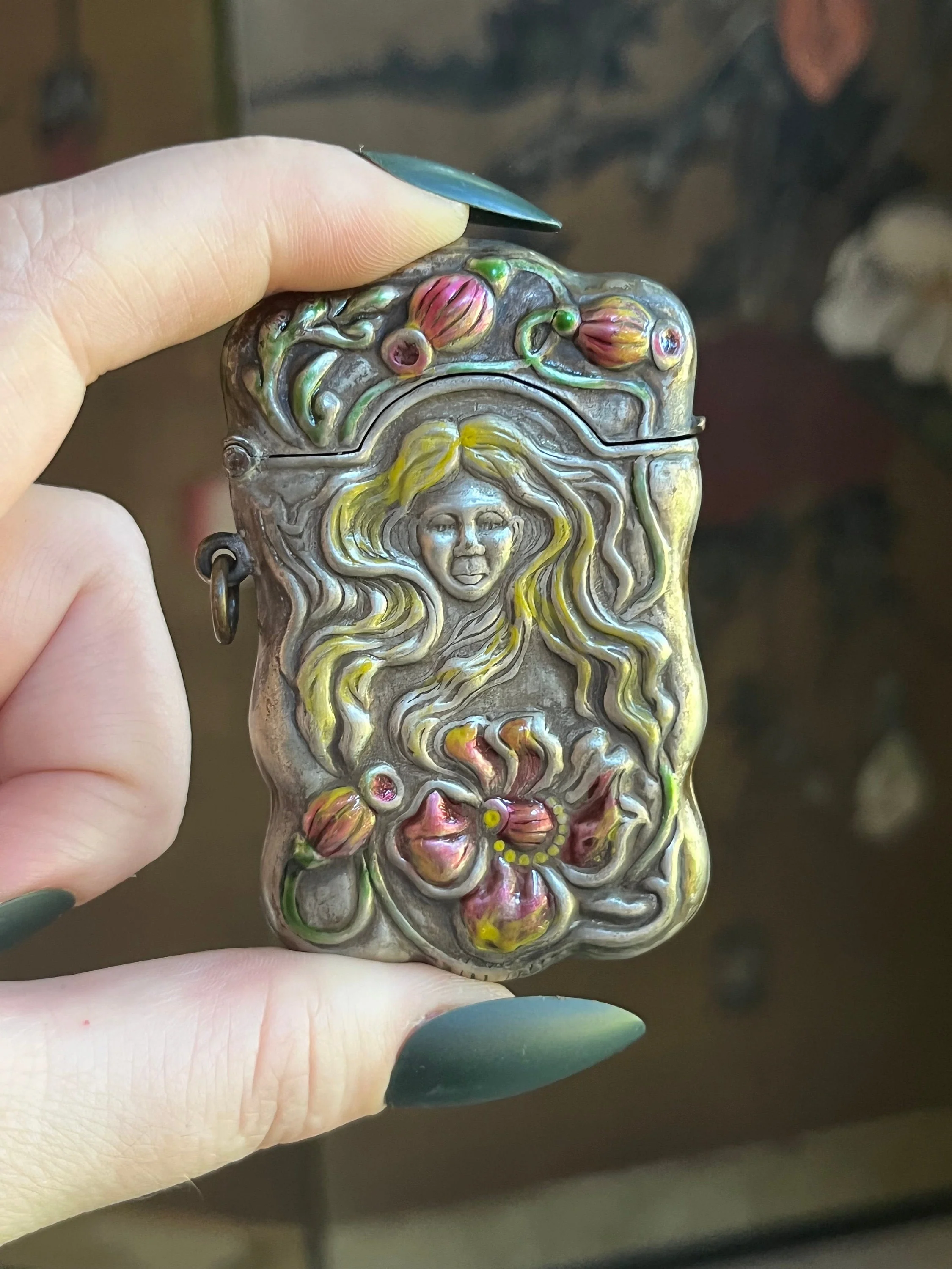 C. Edwardian-10s Painted Match Safe Pendant Antique Art Nouveau Edwardian Vesta Case - Image 6