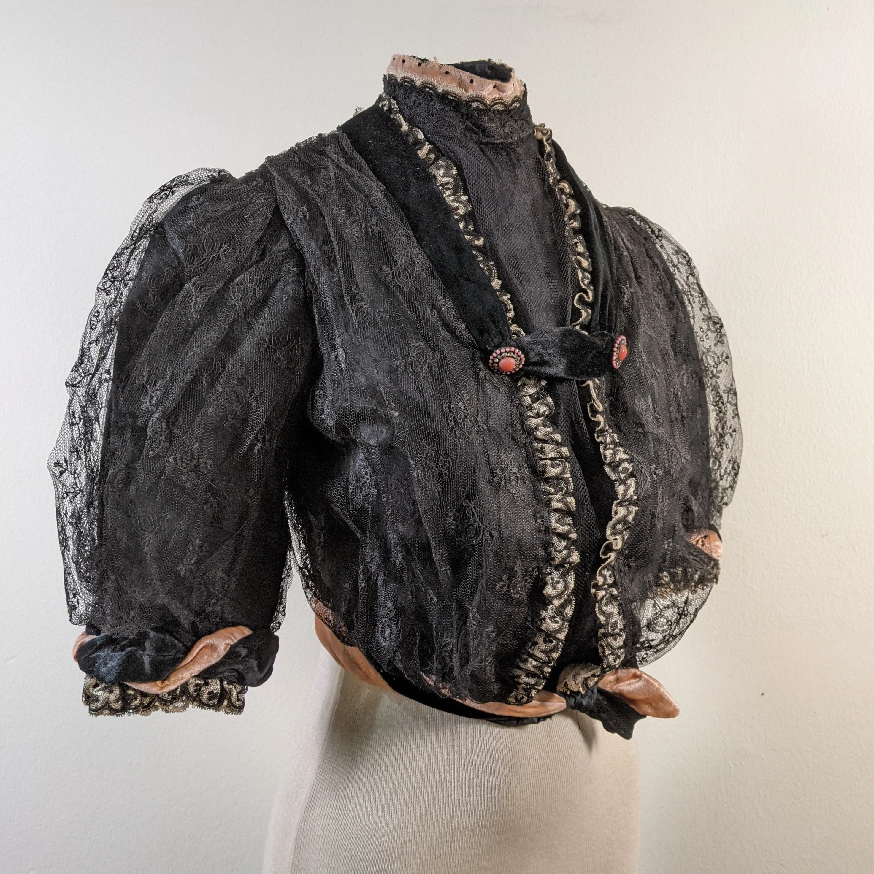 C. Edwardian Black Pink Silk Bodice Antique Clothing Edwardian Shirtwaist Blouse Historical Fashion - Image 2